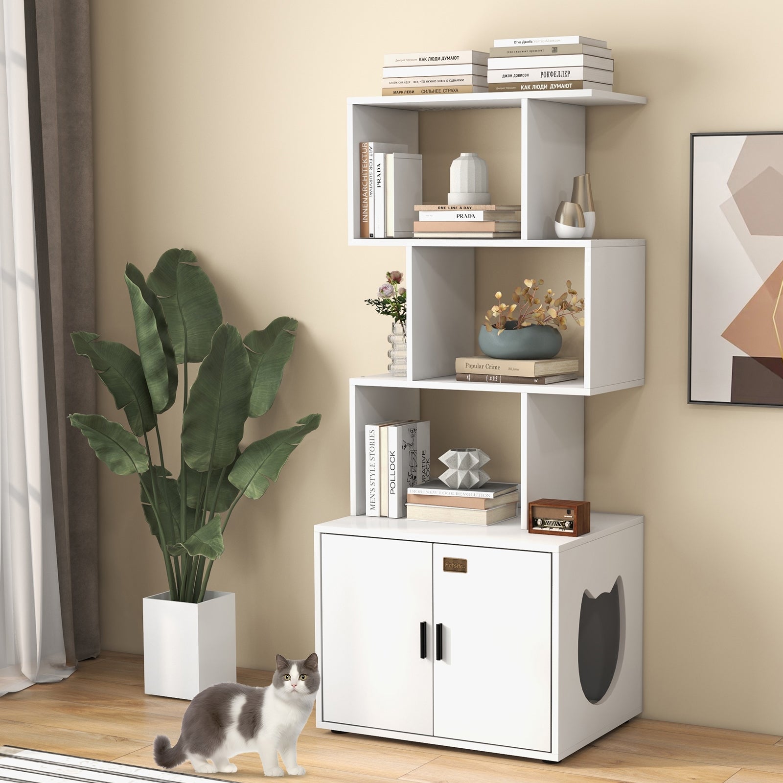 56 Inch Tall Cat Litter Box Enclosure with Storage, White Cat Houses at Gallery Canada