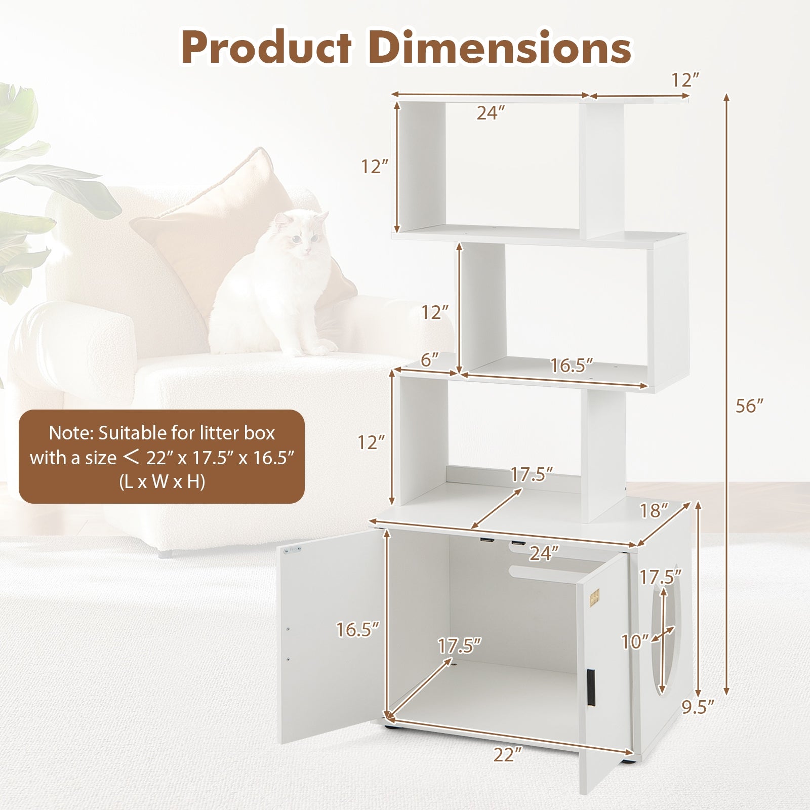 56 Inch Tall Cat Litter Box Enclosure with Storage, White Cat Houses at Gallery Canada