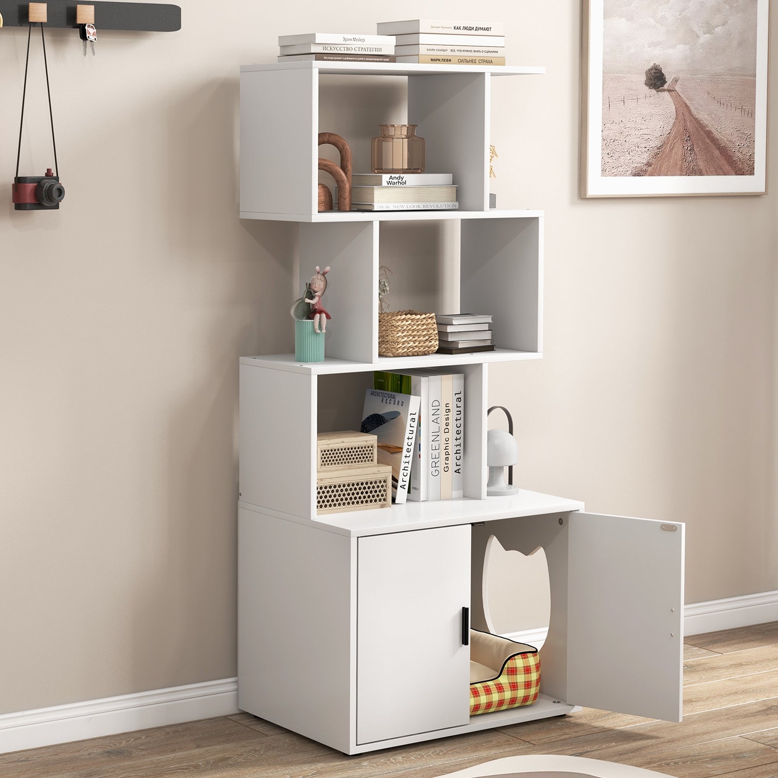 56 Inch Tall Cat Litter Box Enclosure with Storage, White Cat Houses at Gallery Canada