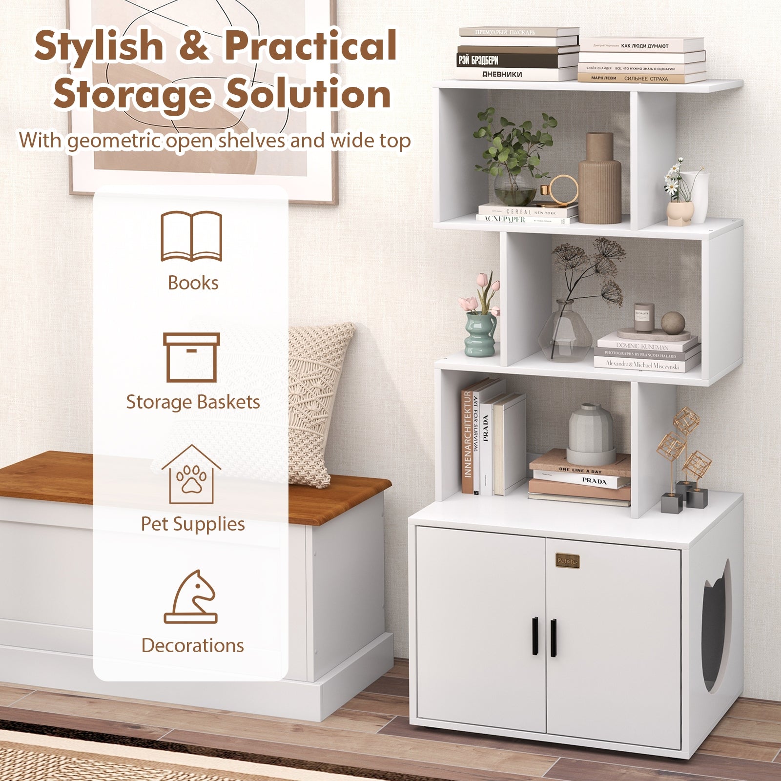 56 Inch Tall Cat Litter Box Enclosure with Storage, White Cat Houses at Gallery Canada