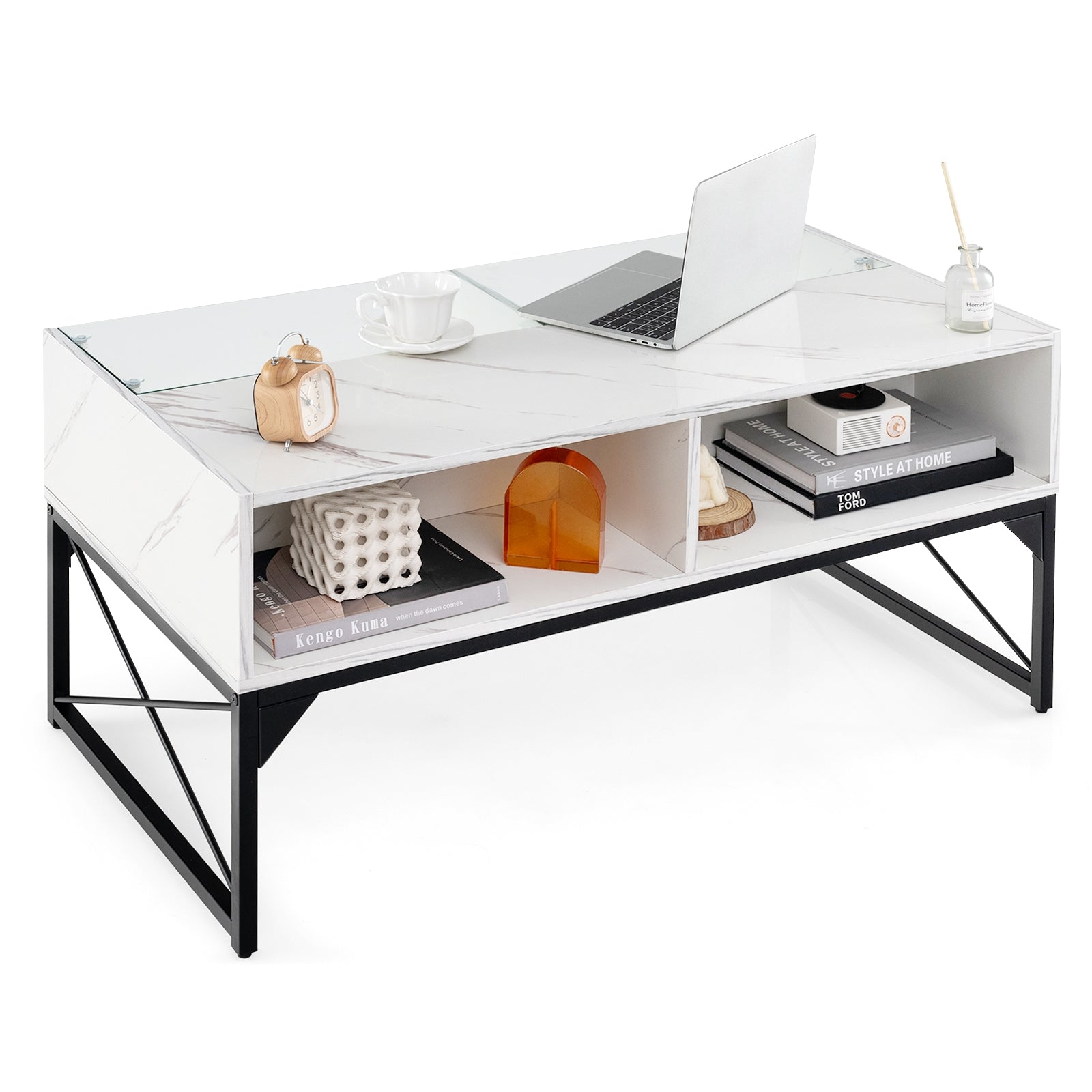 Center Table with Faux Marble and Tempered Glass Top, White Coffee Tables   at Gallery Canada