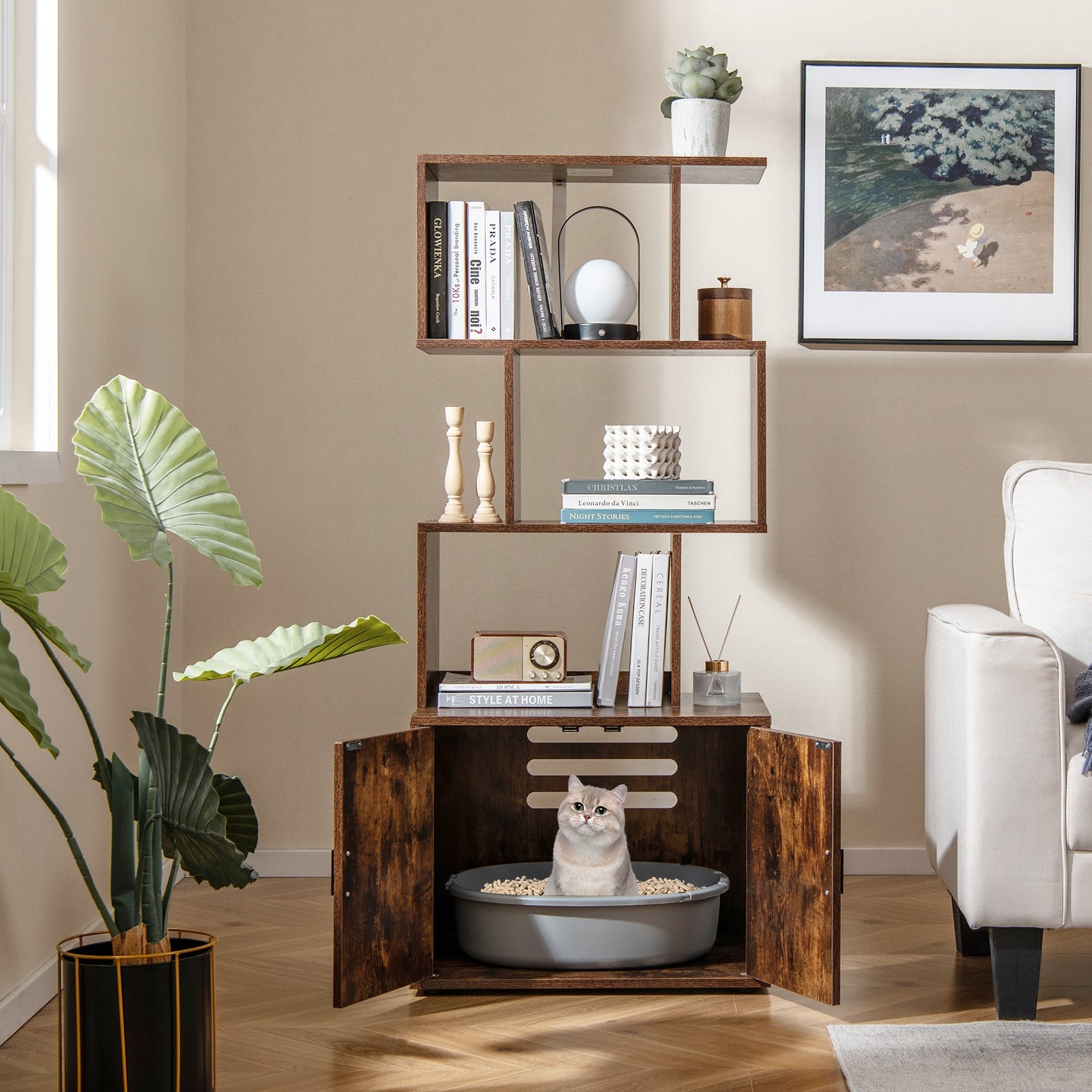 56 Inch Tall Cat Litter Box Enclosure with Storage, Rustic Brown Cat Houses at Gallery Canada