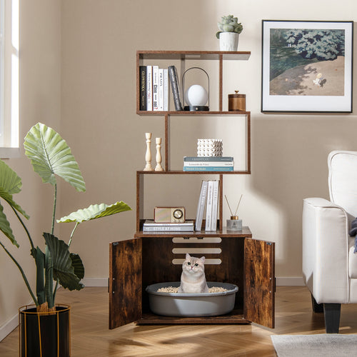 56 Inch Tall Cat Litter Box Enclosure with Storage, Rustic Brown