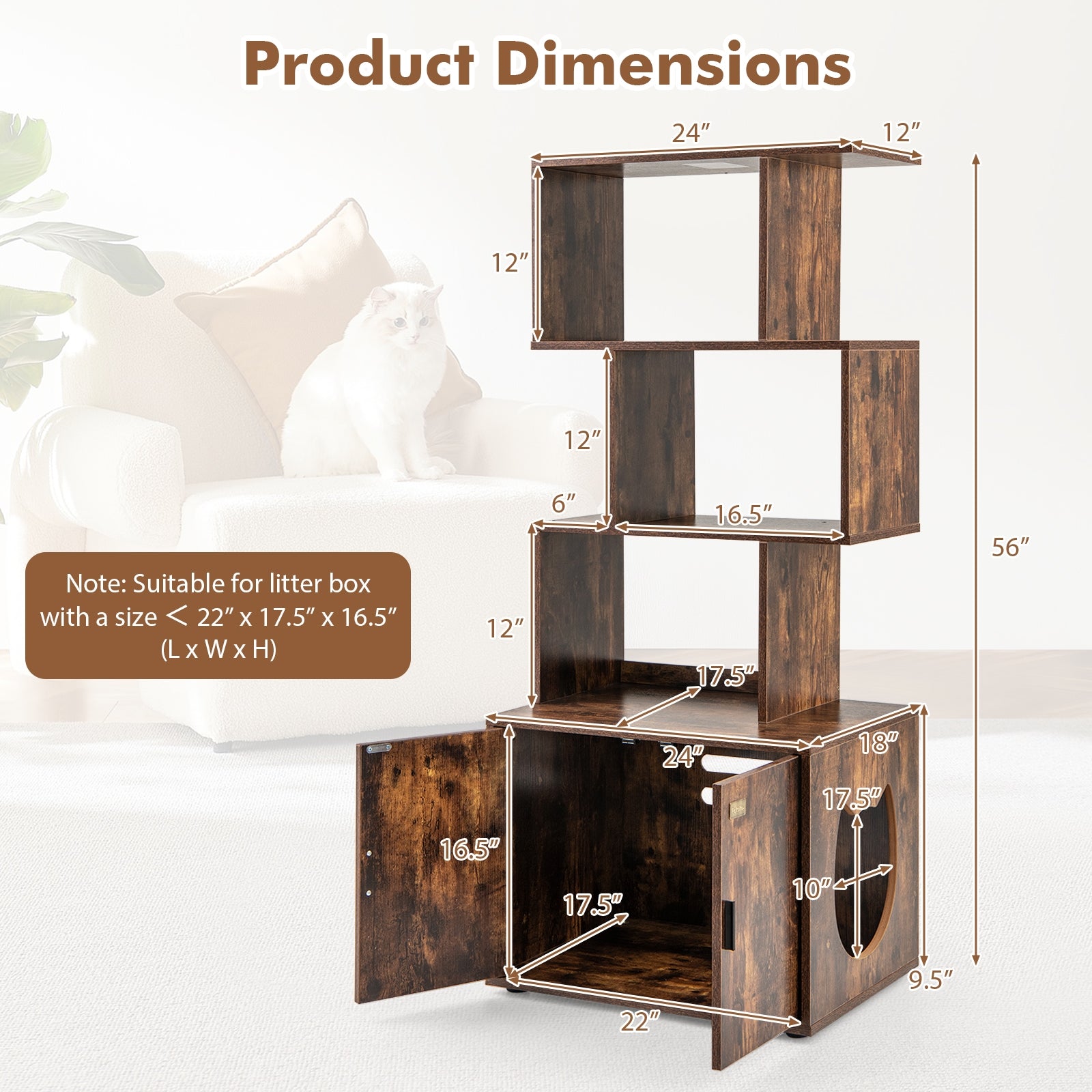 56 Inch Tall Cat Litter Box Enclosure with Storage, Rustic Brown Cat Houses at Gallery Canada