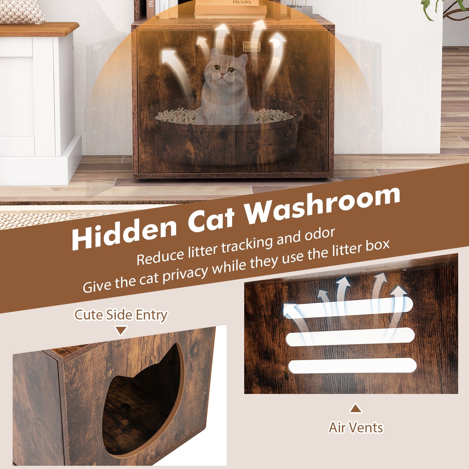 56 Inch Tall Cat Litter Box Enclosure with Storage, Rustic Brown Cat Houses at Gallery Canada