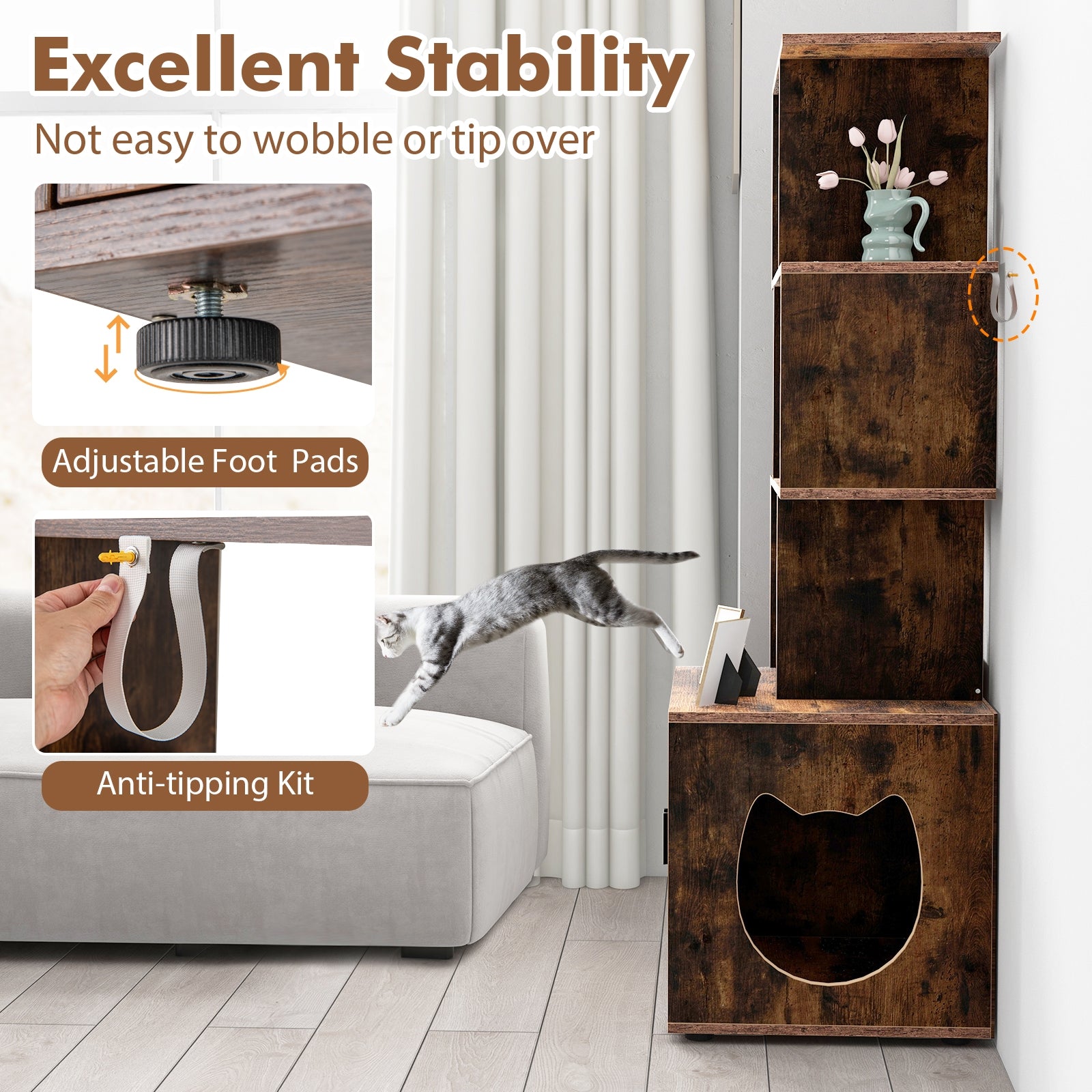 56 Inch Tall Cat Litter Box Enclosure with Storage, Rustic Brown Cat Houses at Gallery Canada