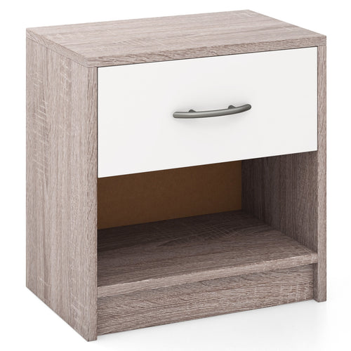 Bedside Table Nightstand with Drawer and Open Storage Shelf, Light Gray