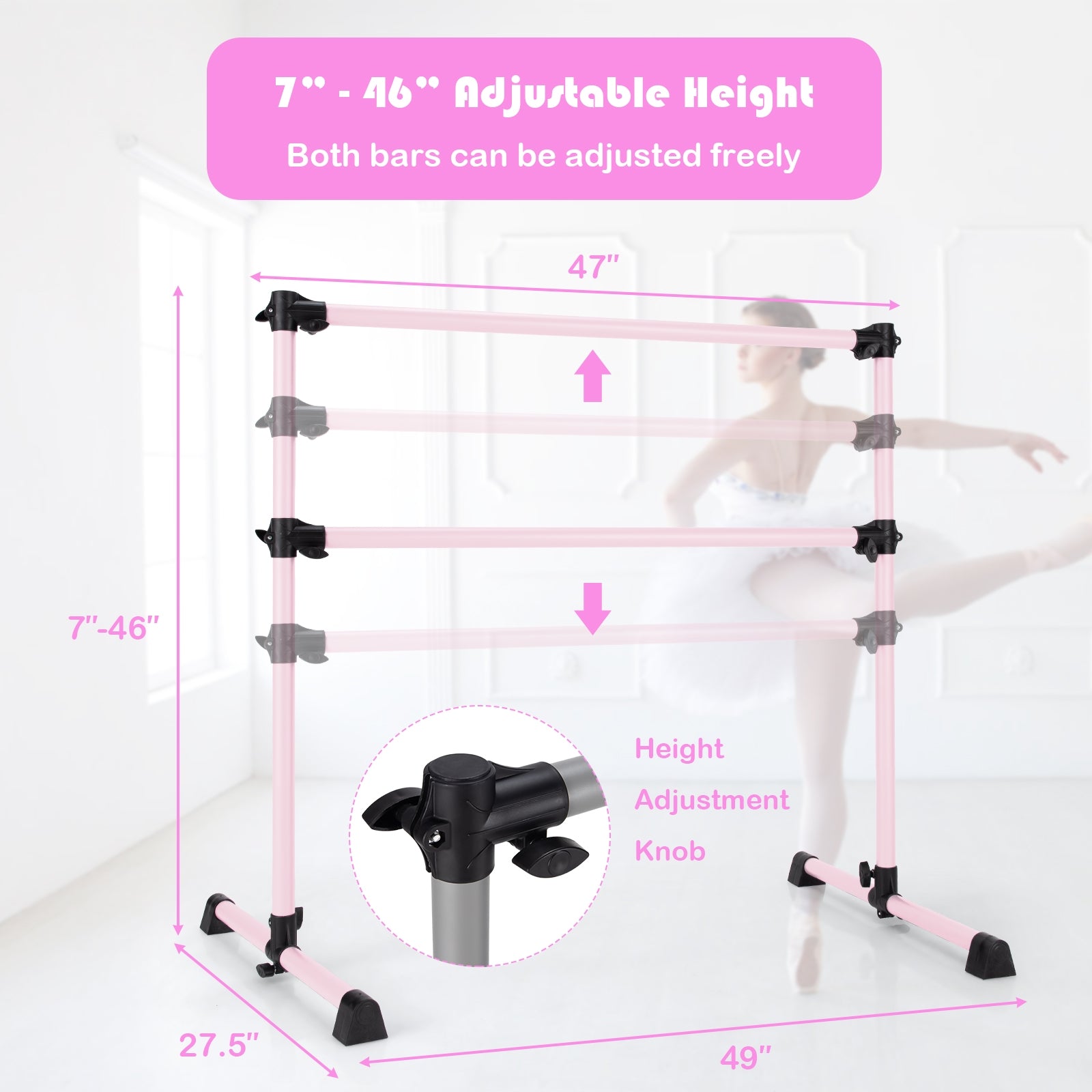 4 Feet Double Ballet Barre Bar with Adjustable Height, Pink Yoga Accessories at Gallery Canada