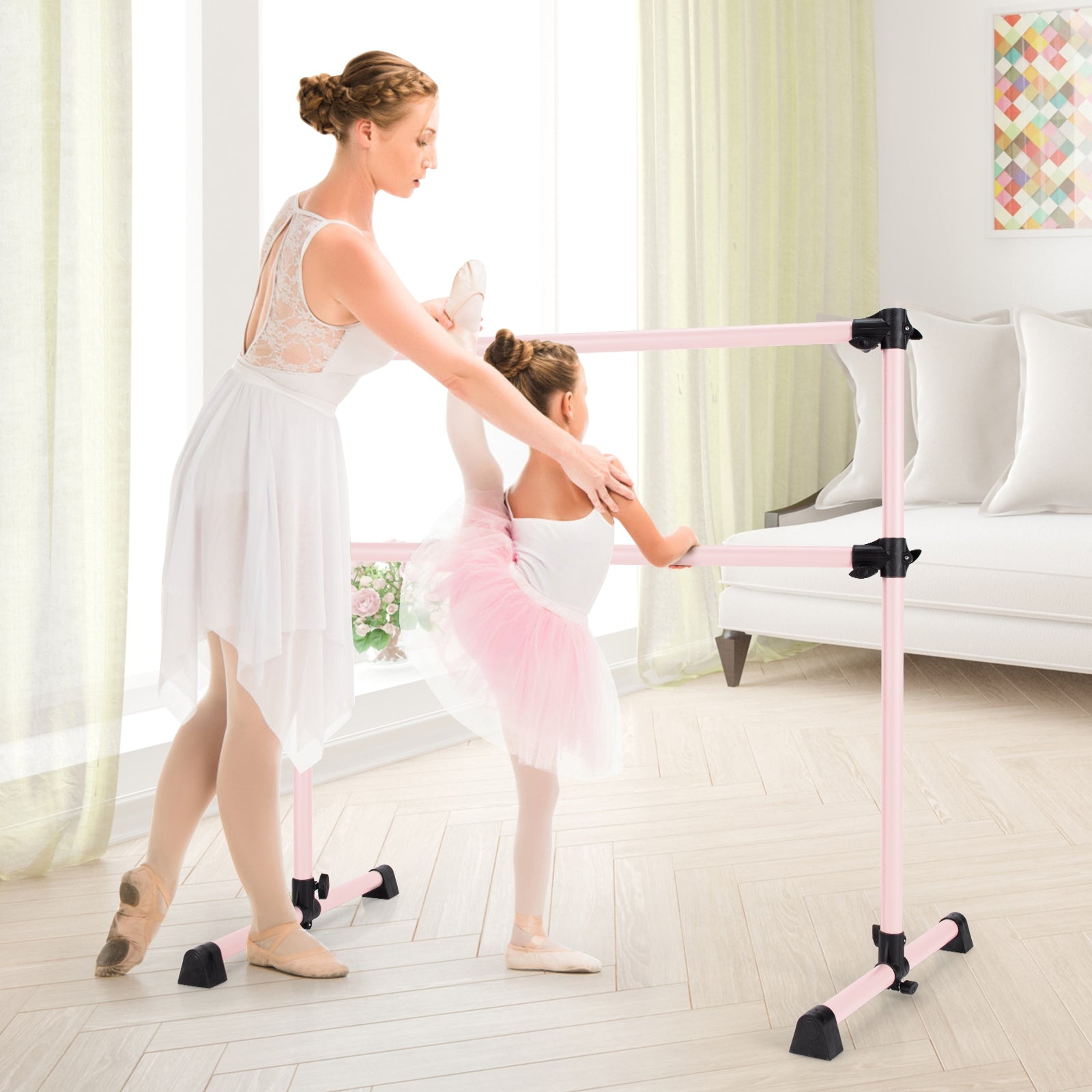 4 Feet Double Ballet Barre Bar with Adjustable Height, Pink Yoga Accessories at Gallery Canada