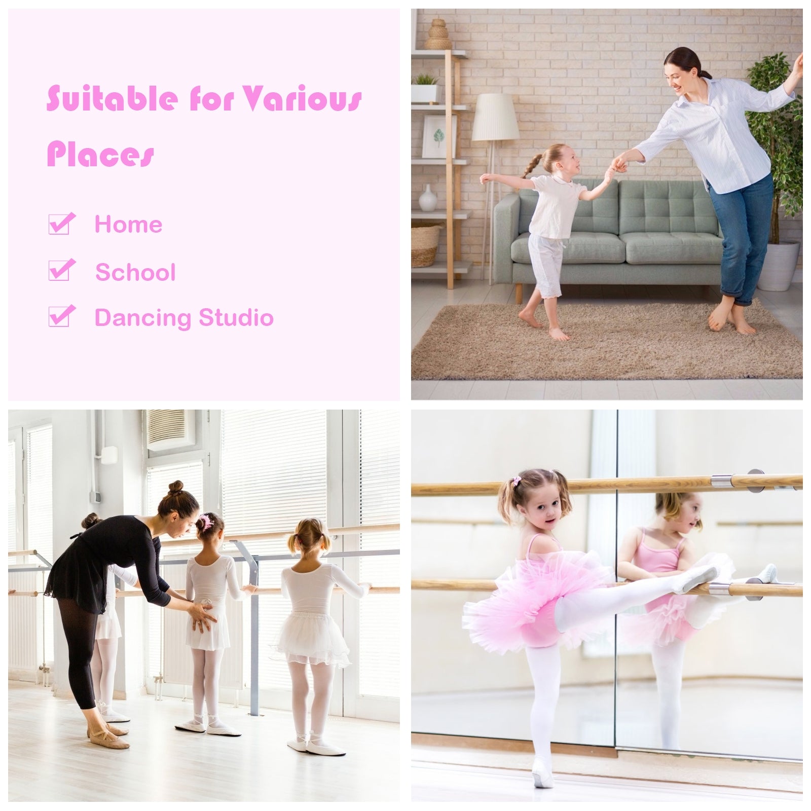 4 Feet Double Ballet Barre Bar with Adjustable Height, Pink Yoga Accessories at Gallery Canada