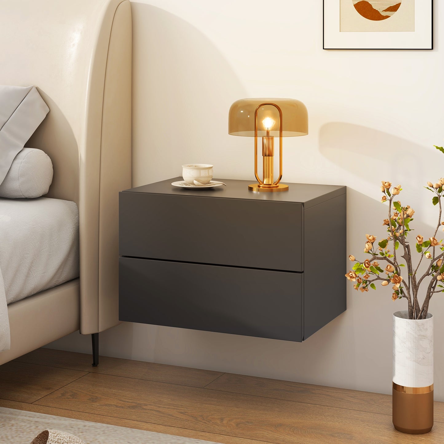 Floating Nightstand with Drawers and Storage Shelf, Gray Nightstands at Gallery Canada