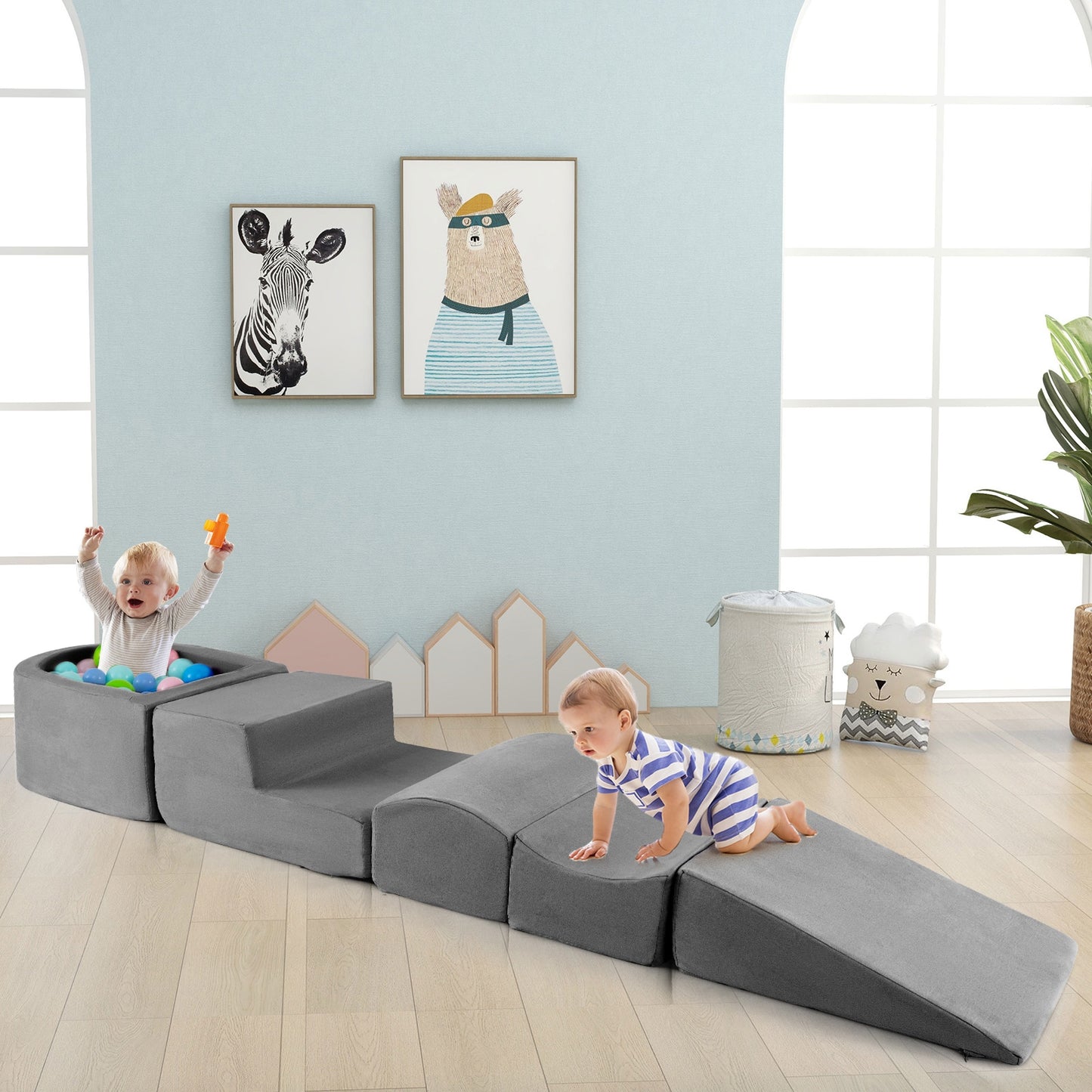 5-Piece Climb and Crawl Playset with Ball Pit for Kids, Gray Baby Gyms & Playmats at Gallery Canada