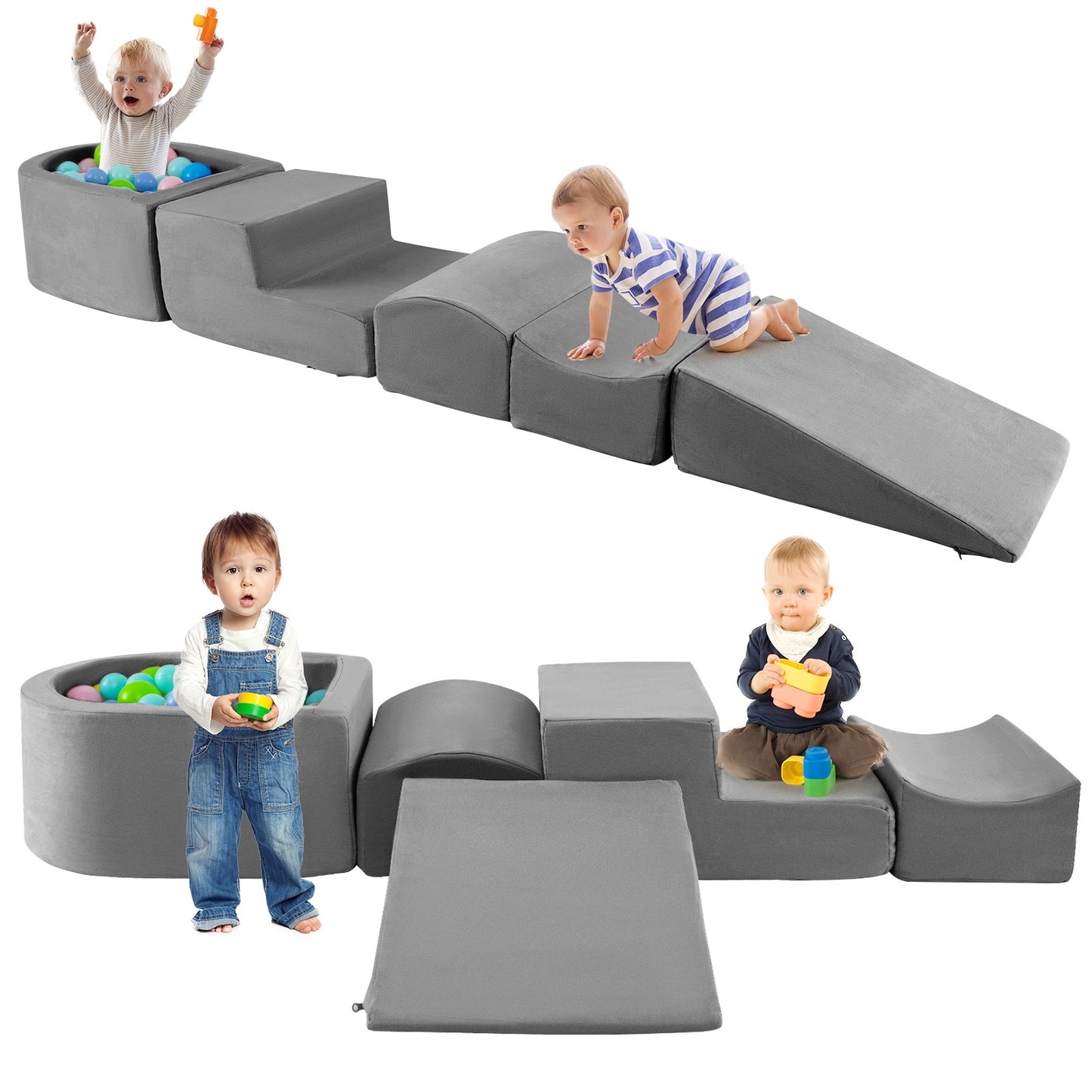 5-Piece Climb and Crawl Playset with Ball Pit for Kids, Gray Baby Gyms & Playmats at Gallery Canada