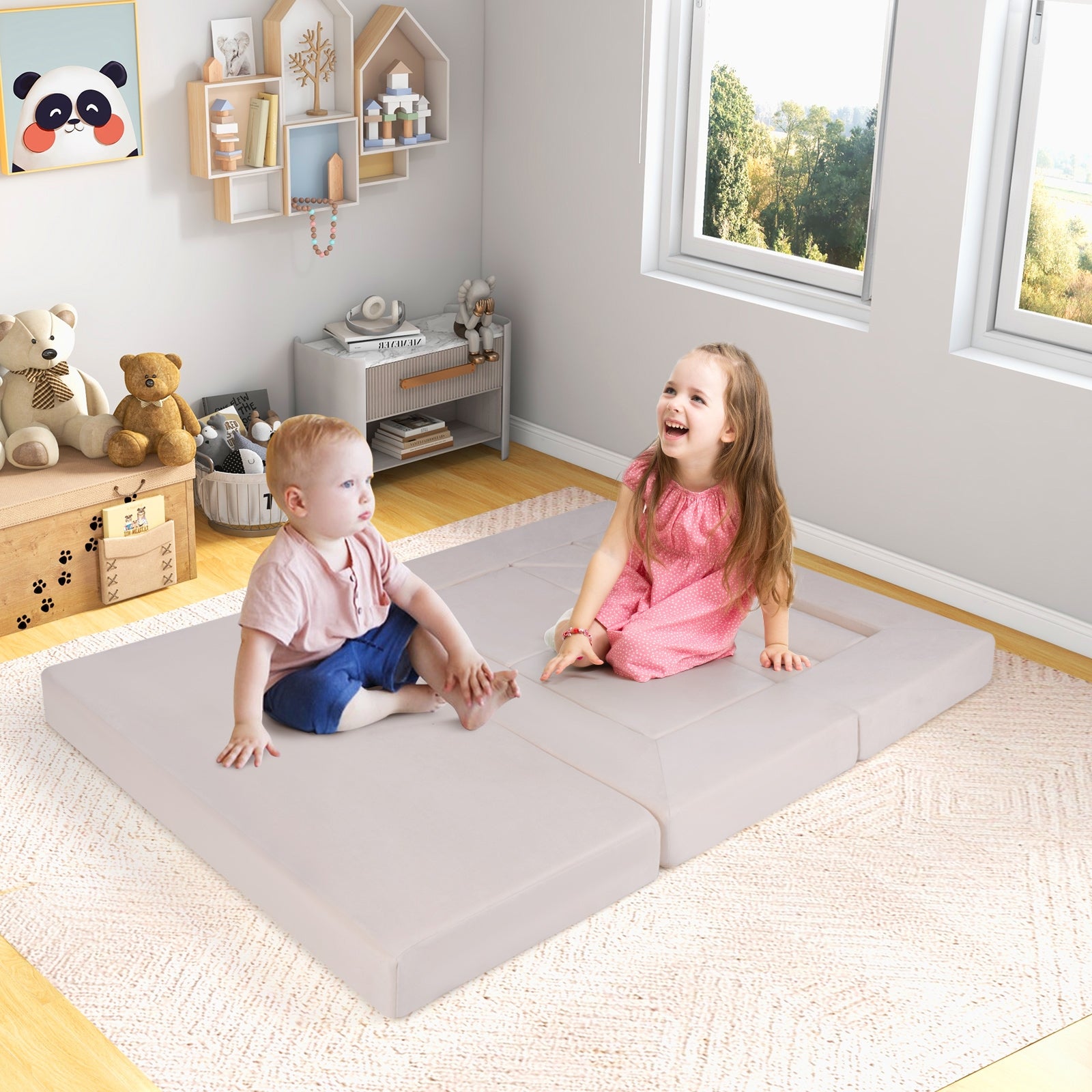 9-Piece Climb and Crawl Foam and Floor Playset with Breathable Suede Fabric, Beige Baby Gyms & Playmats at Gallery Canada