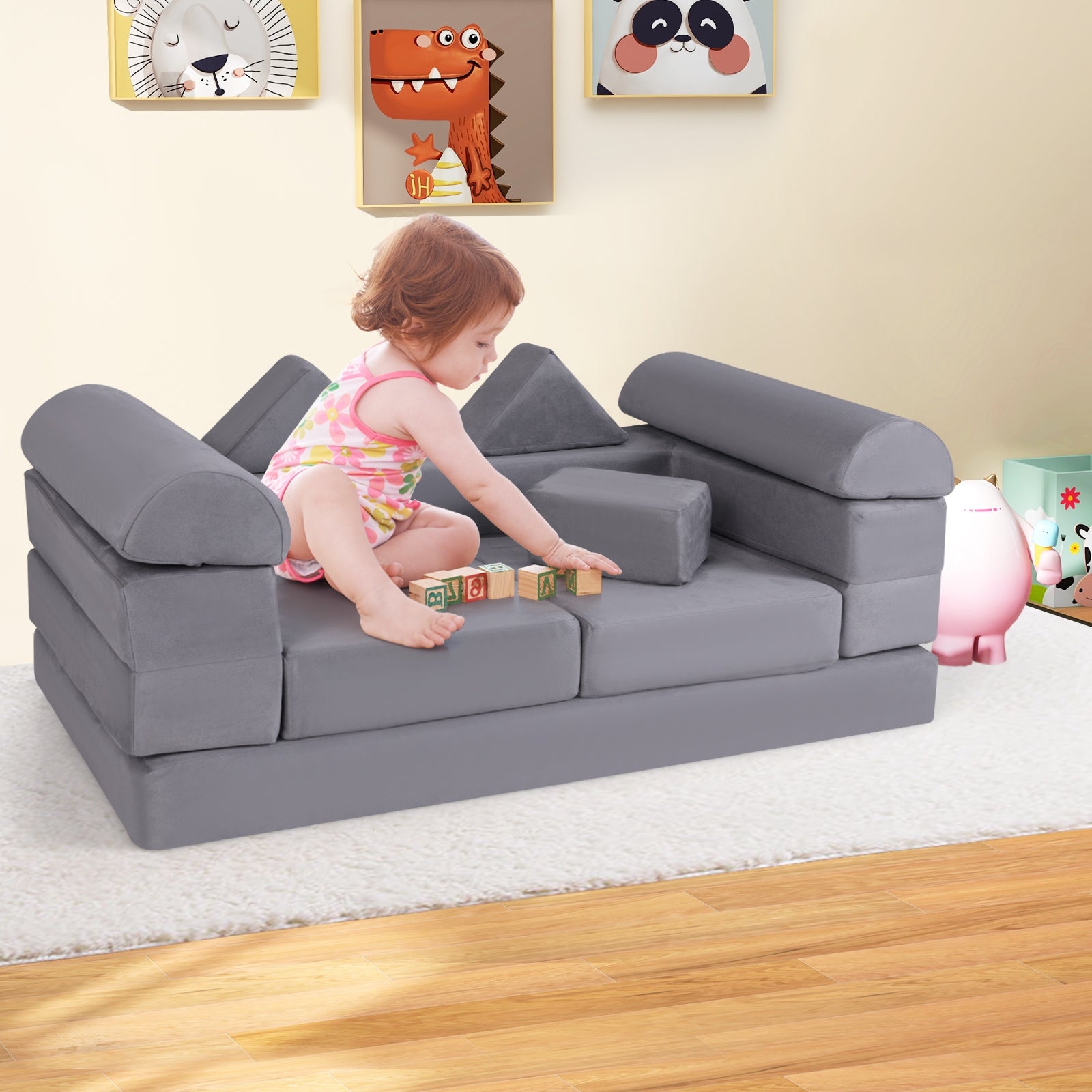 9-Piece Climb and Crawl Foam and Floor Playset with Breathable Suede Fabric, Gray Baby Gyms & Playmats at Gallery Canada