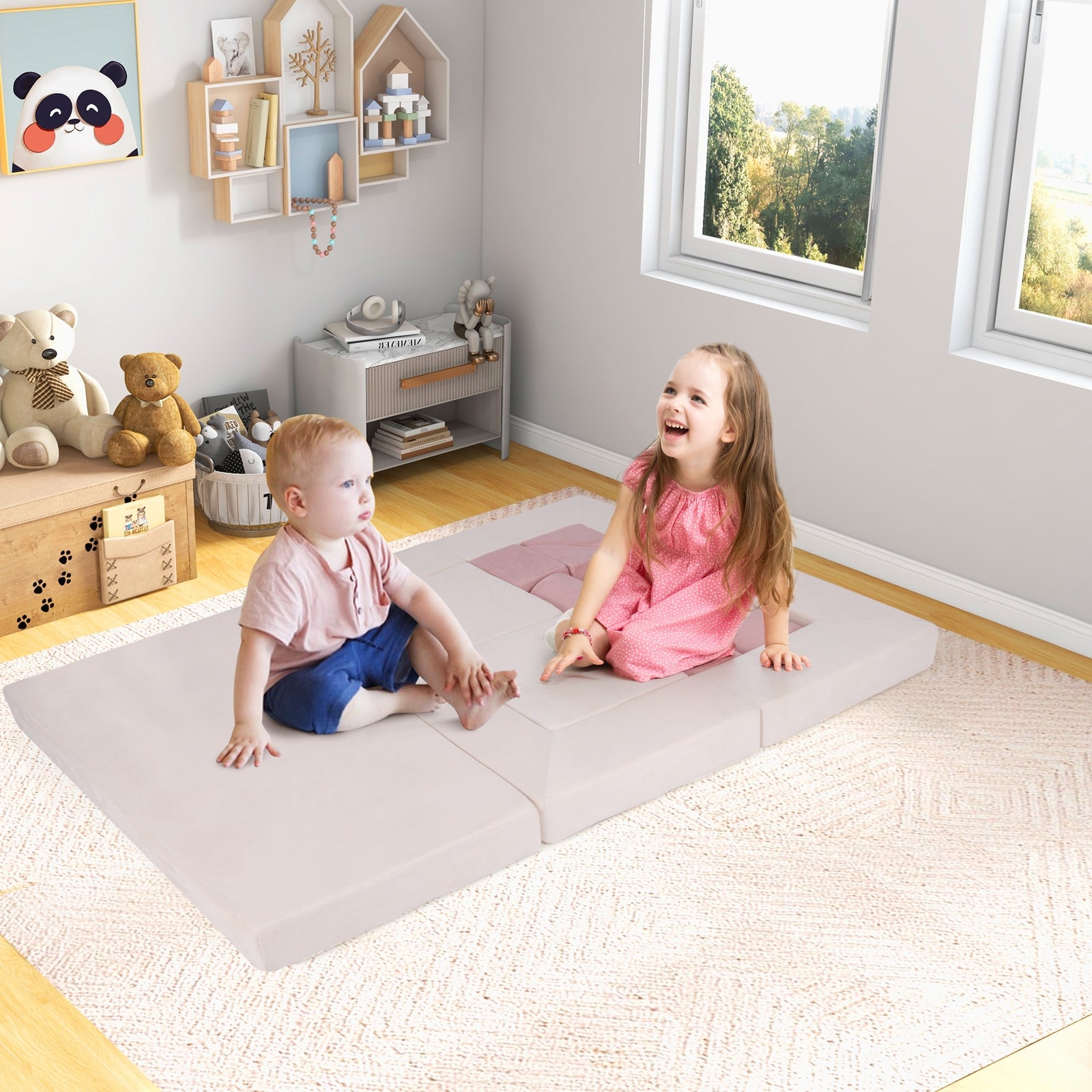 9-Piece Climb and Crawl Foam and Floor Playset with Breathable Suede Fabric, Pink Baby Gyms & Playmats at Gallery Canada