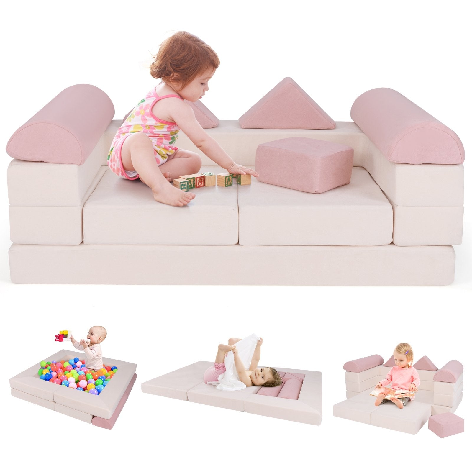 9-Piece Climb and Crawl Foam and Floor Playset with Breathable Suede Fabric, Pink Baby Gyms & Playmats Pink at Gallery Canada
