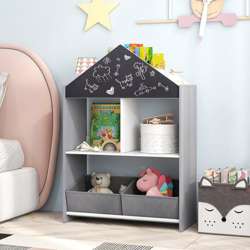 Playhouse Kids Bookshelf with Chalkboard and Whiteboard for 3-6 Years, Gray