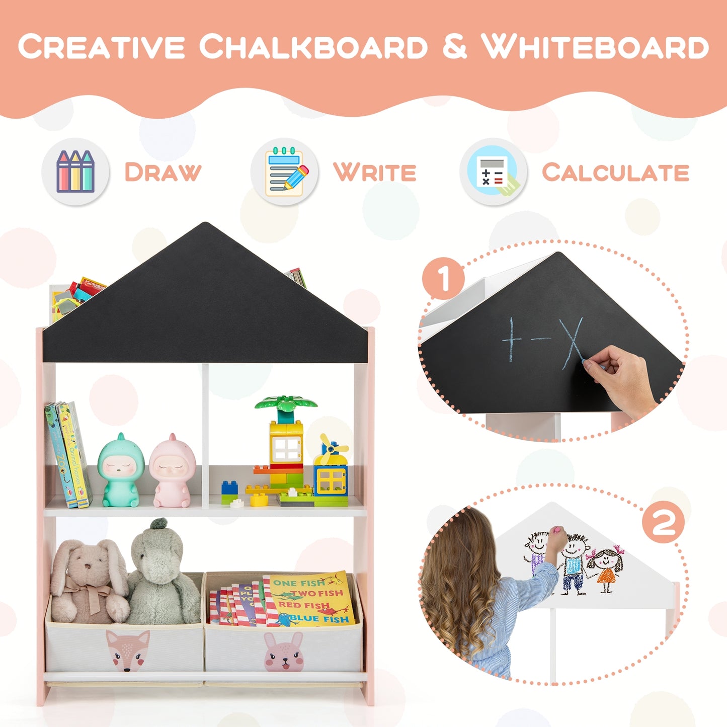 Playhouse Kids Bookshelf with Chalkboard and Whiteboard for 3-6 Years, Pink Kids Storage at Gallery Canada