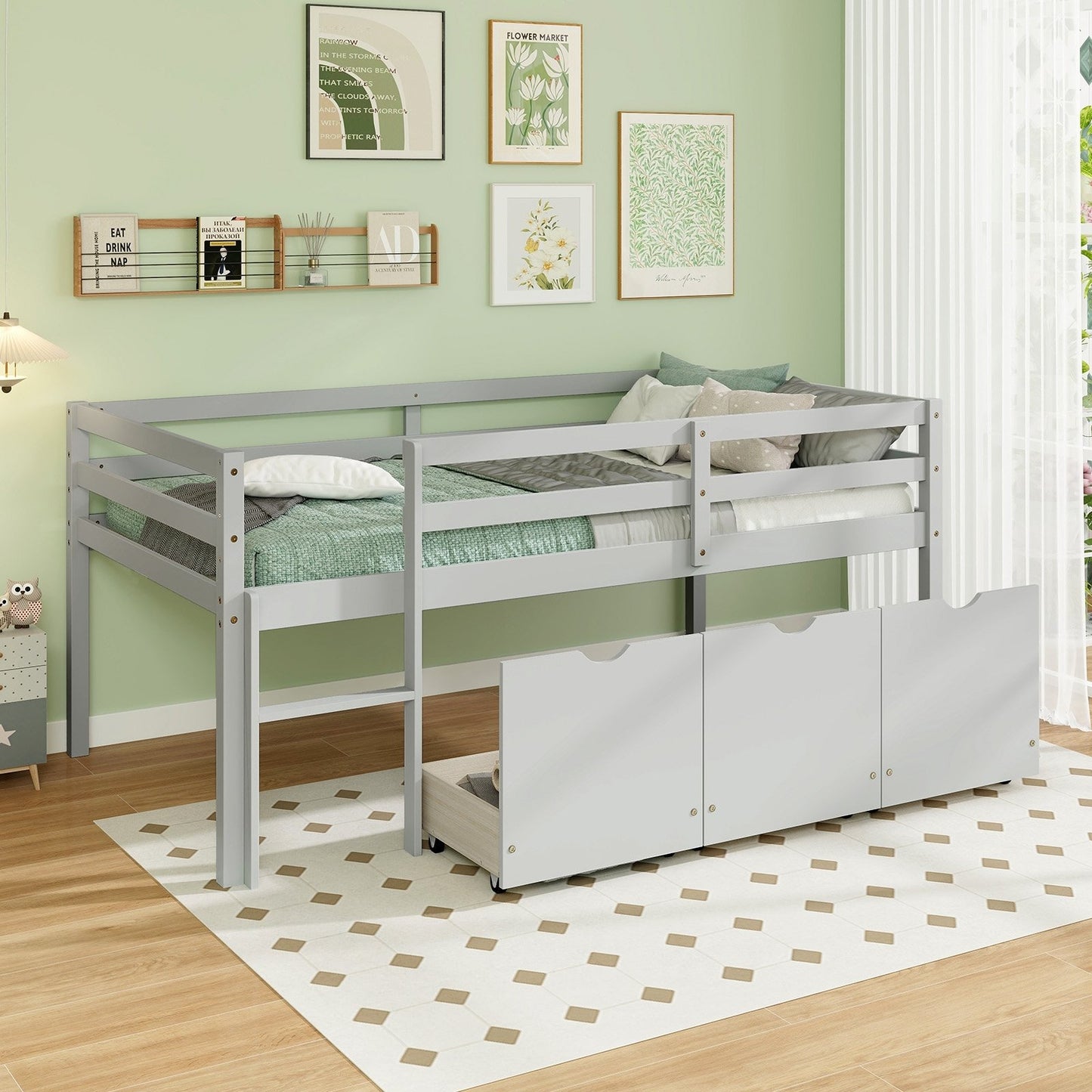 Twin Size Low Loft Bed with 3 Drawers with Ladder and Full-length Guardrails, Gray Trundle Bed Frame   at Gallery Canada