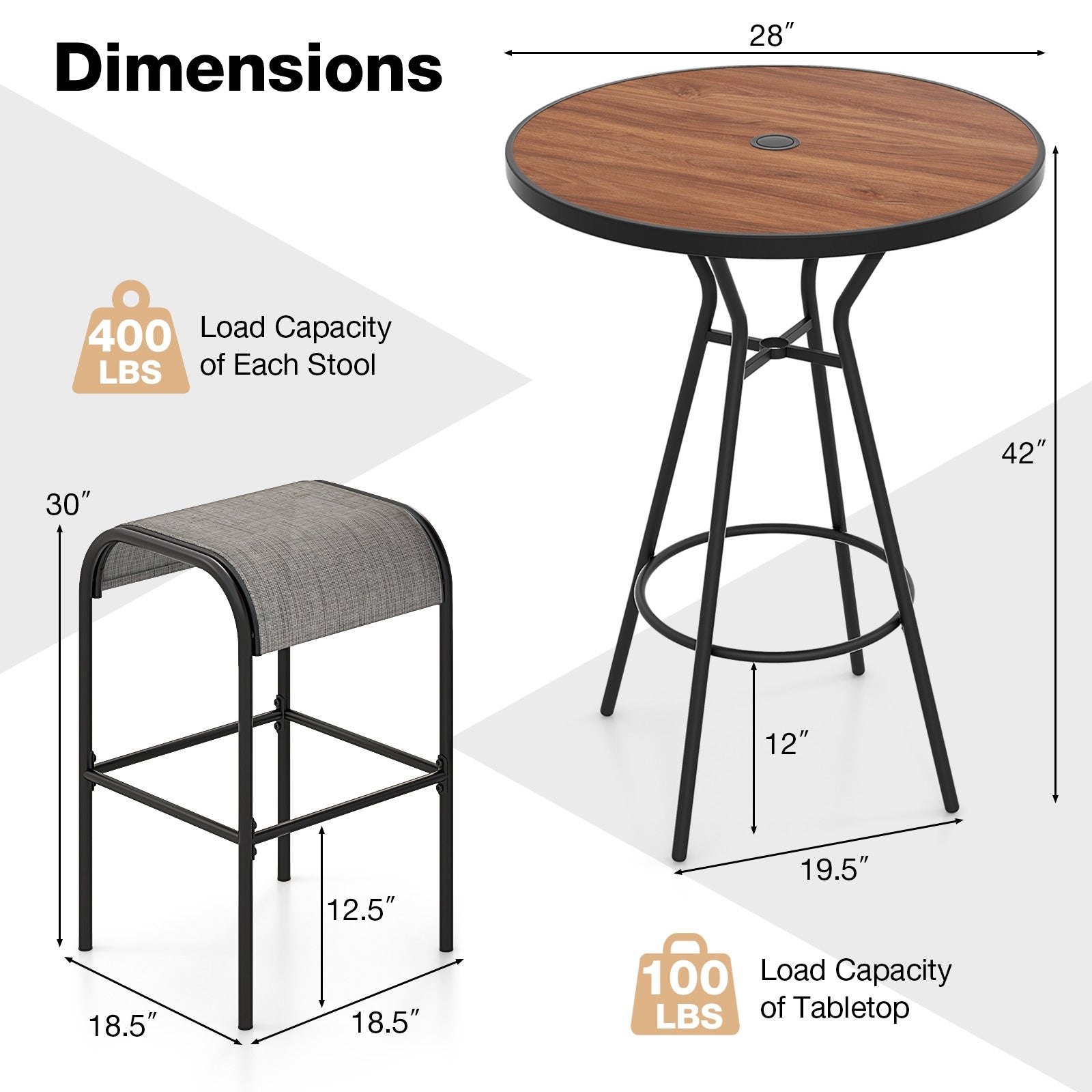 3 Pieces Outdoor Round Bar Table Set with 1.6 Inches Umbrella Hole Patio Bar Furniture   at Gallery Canada