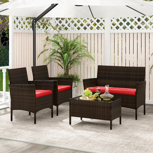 4 Piece Patio Rattan Conversation Set with Cozy Seat Cushions, Red Patio Conversation Sets Red at Gallery Canada