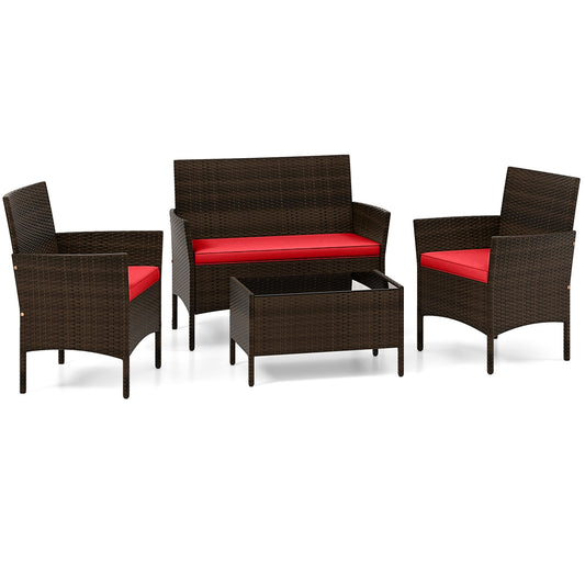 4 Piece Patio Rattan Conversation Set with Cozy Seat Cushions, Red Patio Conversation Sets Red at Gallery Canada