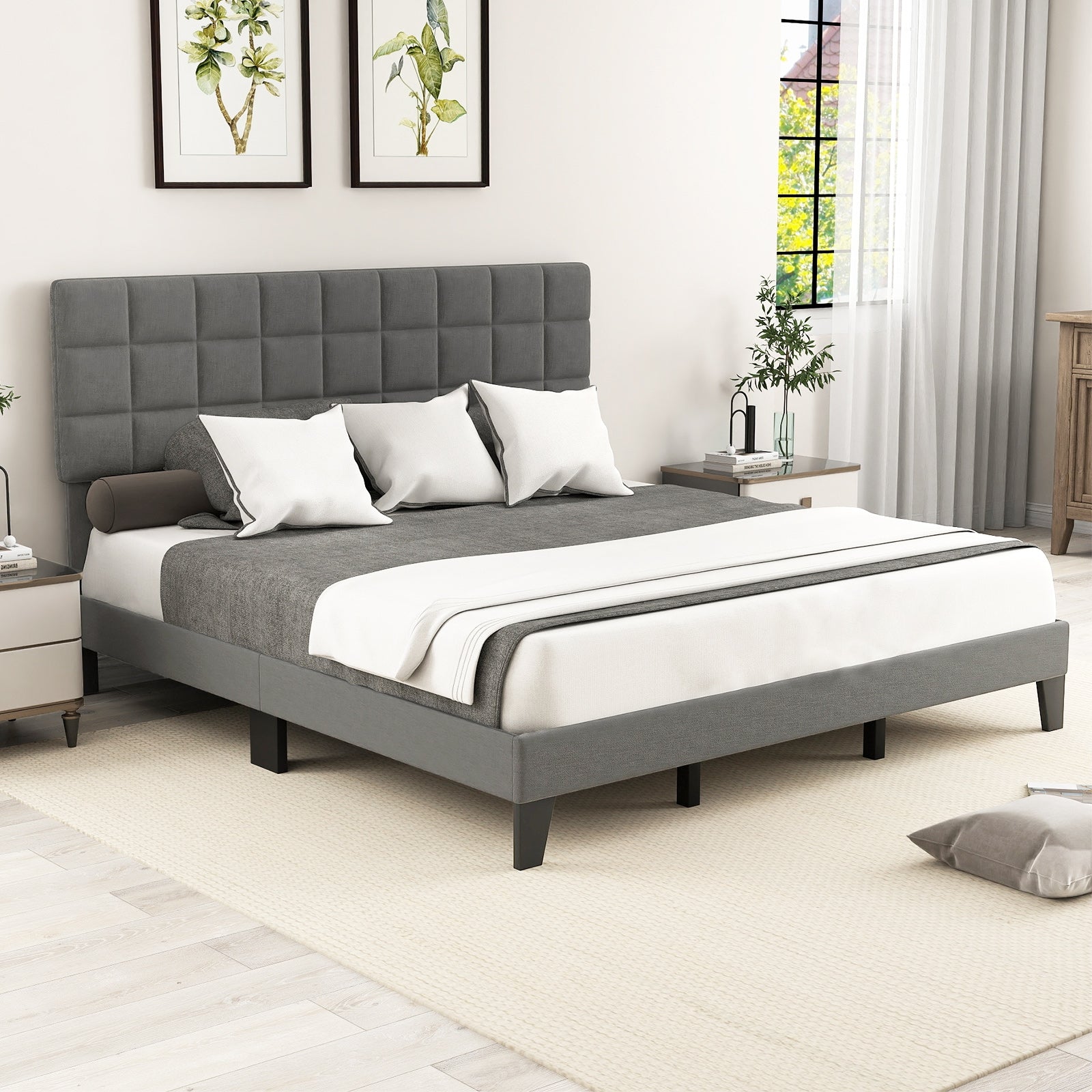 King Size Modern Linen Bed Frame with Adjustable Headboard, Gray Simple Bed Frame at Gallery Canada