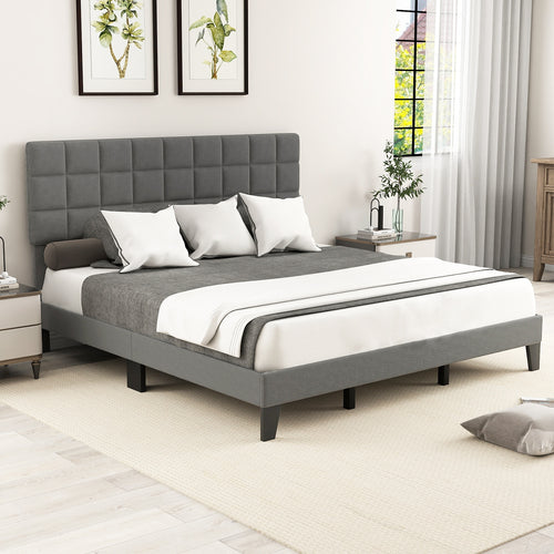King Size Modern Linen Bed Frame with Adjustable Headboard, Gray