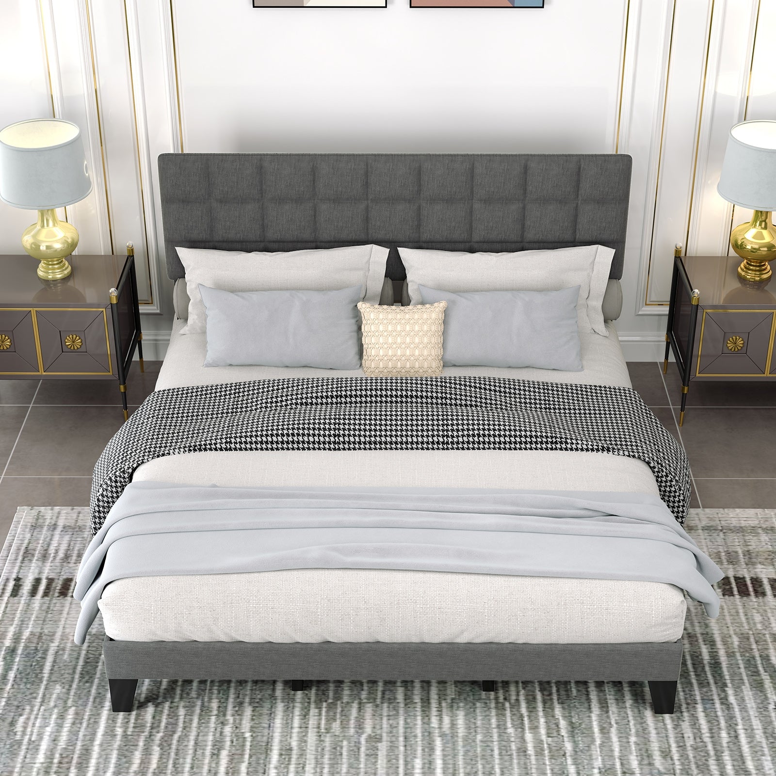 King Size Modern Linen Bed Frame with Adjustable Headboard, Gray Simple Bed Frame at Gallery Canada