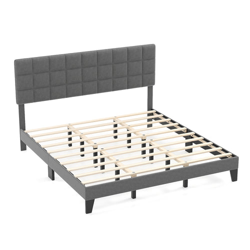 King Size Modern Linen Bed Frame with Adjustable Headboard, Gray
