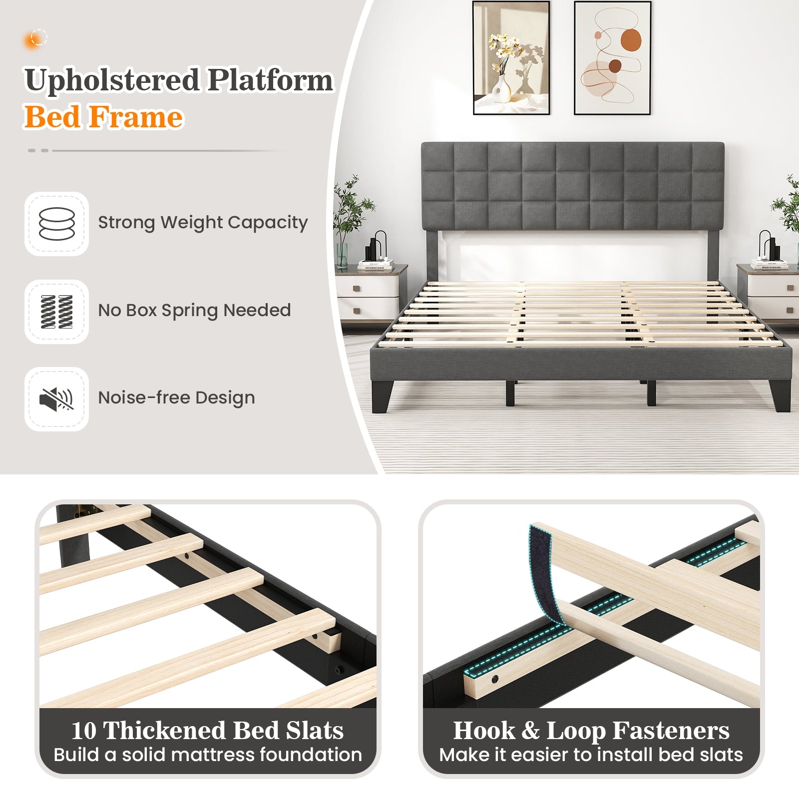 King Size Modern Linen Bed Frame with Adjustable Headboard, Gray Simple Bed Frame at Gallery Canada