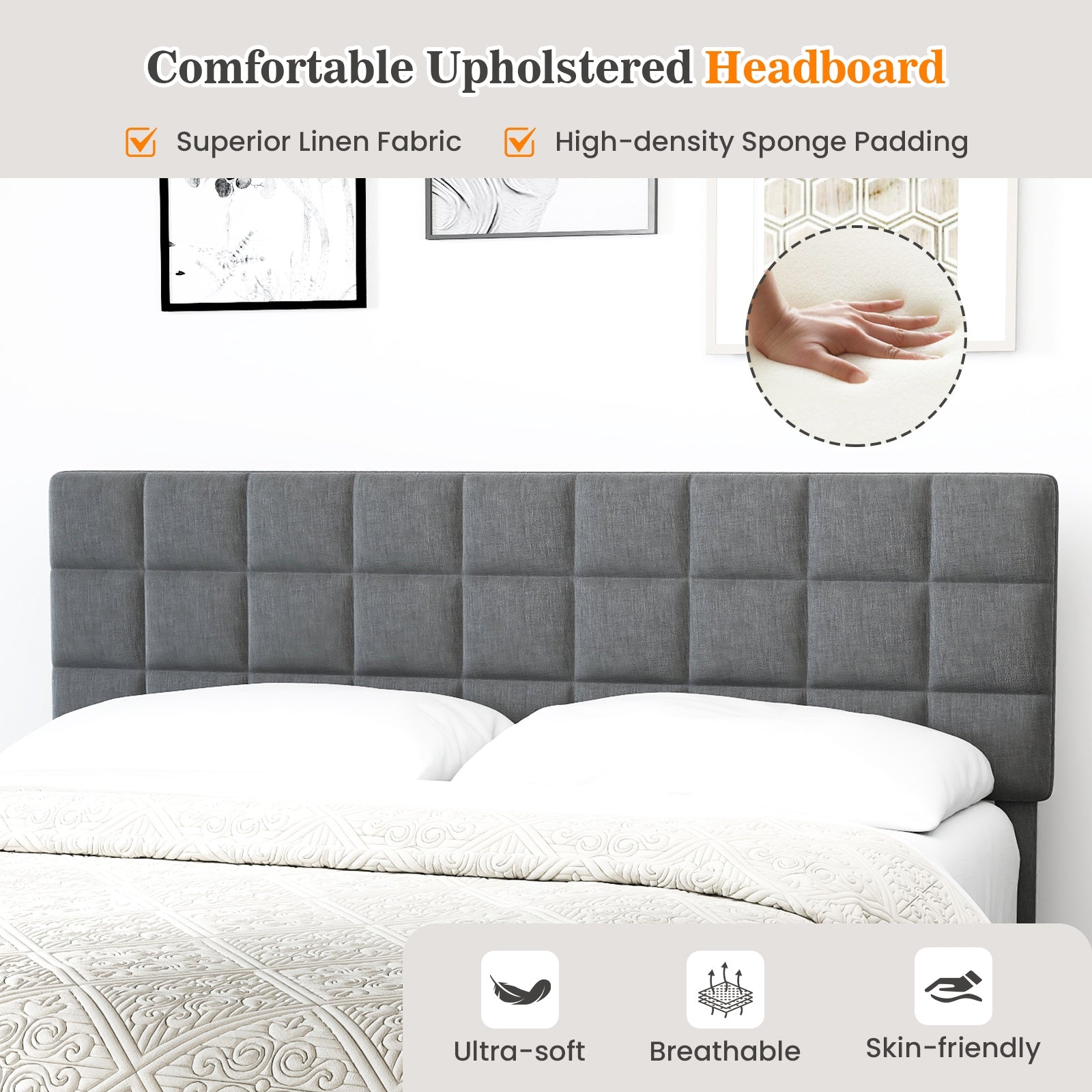 King Size Modern Linen Bed Frame with Adjustable Headboard, Gray Simple Bed Frame at Gallery Canada