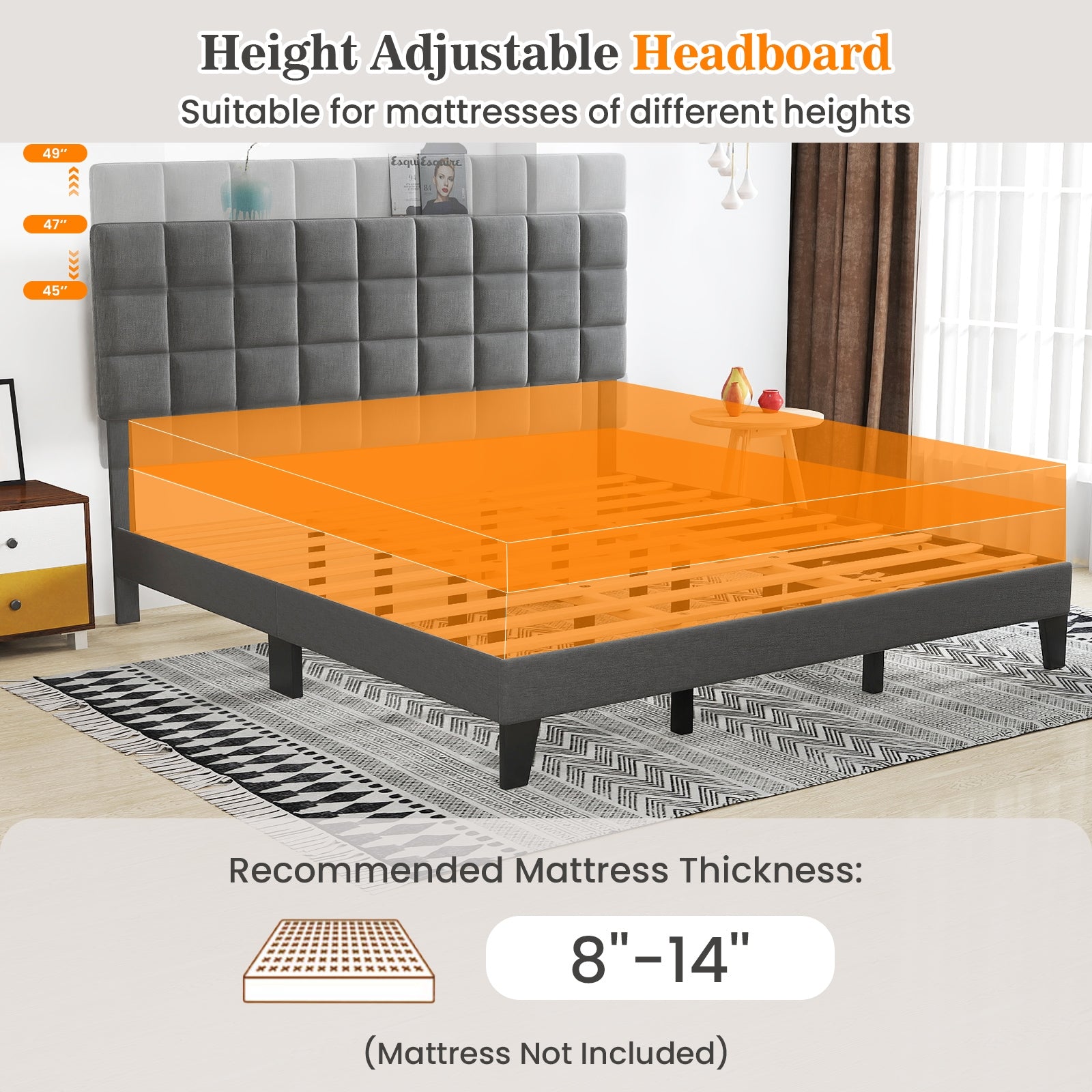 King Size Modern Linen Bed Frame with Adjustable Headboard, Gray Simple Bed Frame at Gallery Canada