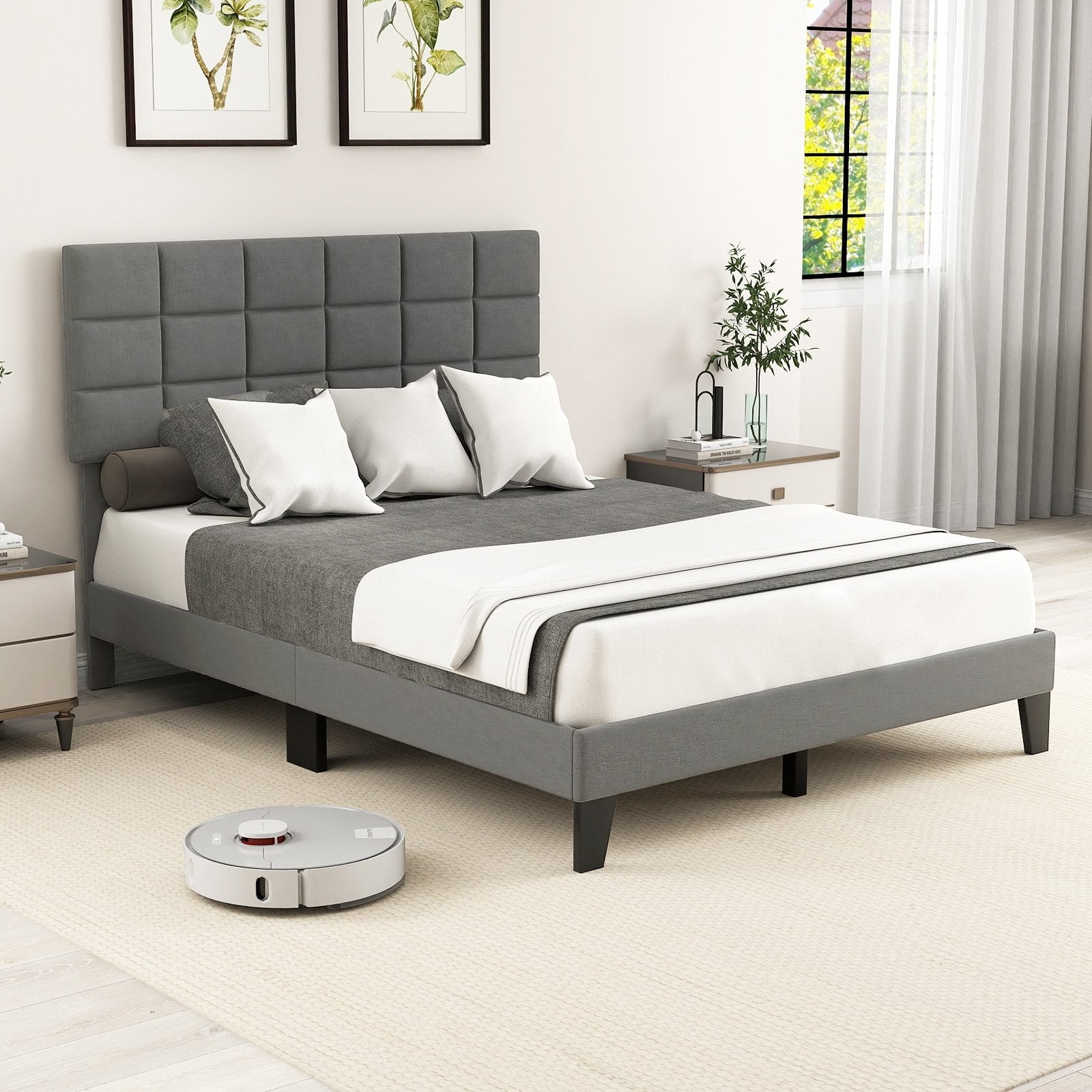 Queen Size Modern Linen Bed Frame with Adjustable Headboard, Gray Simple Bed Frame at Gallery Canada
