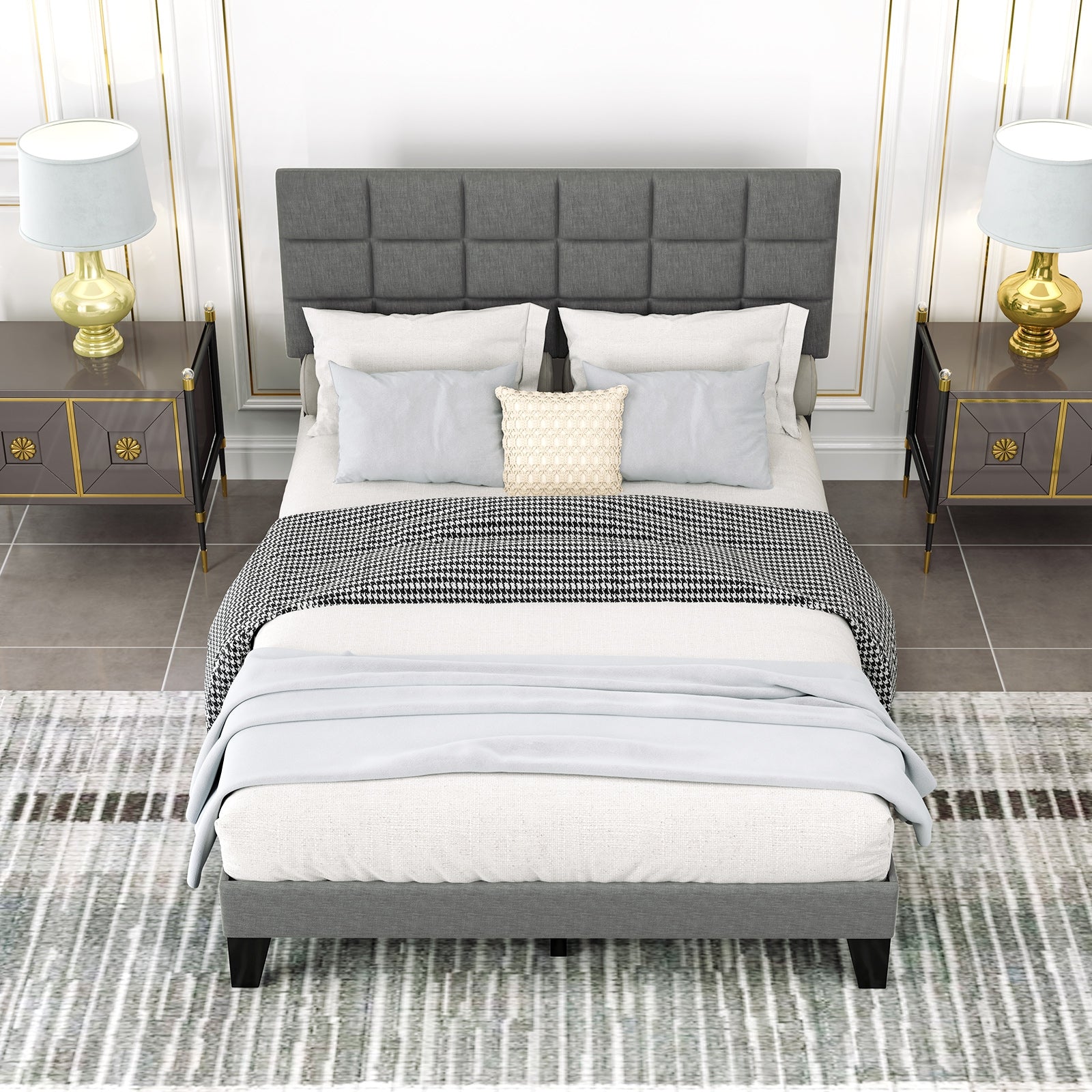 Queen Size Modern Linen Bed Frame with Adjustable Headboard, Gray Simple Bed Frame at Gallery Canada