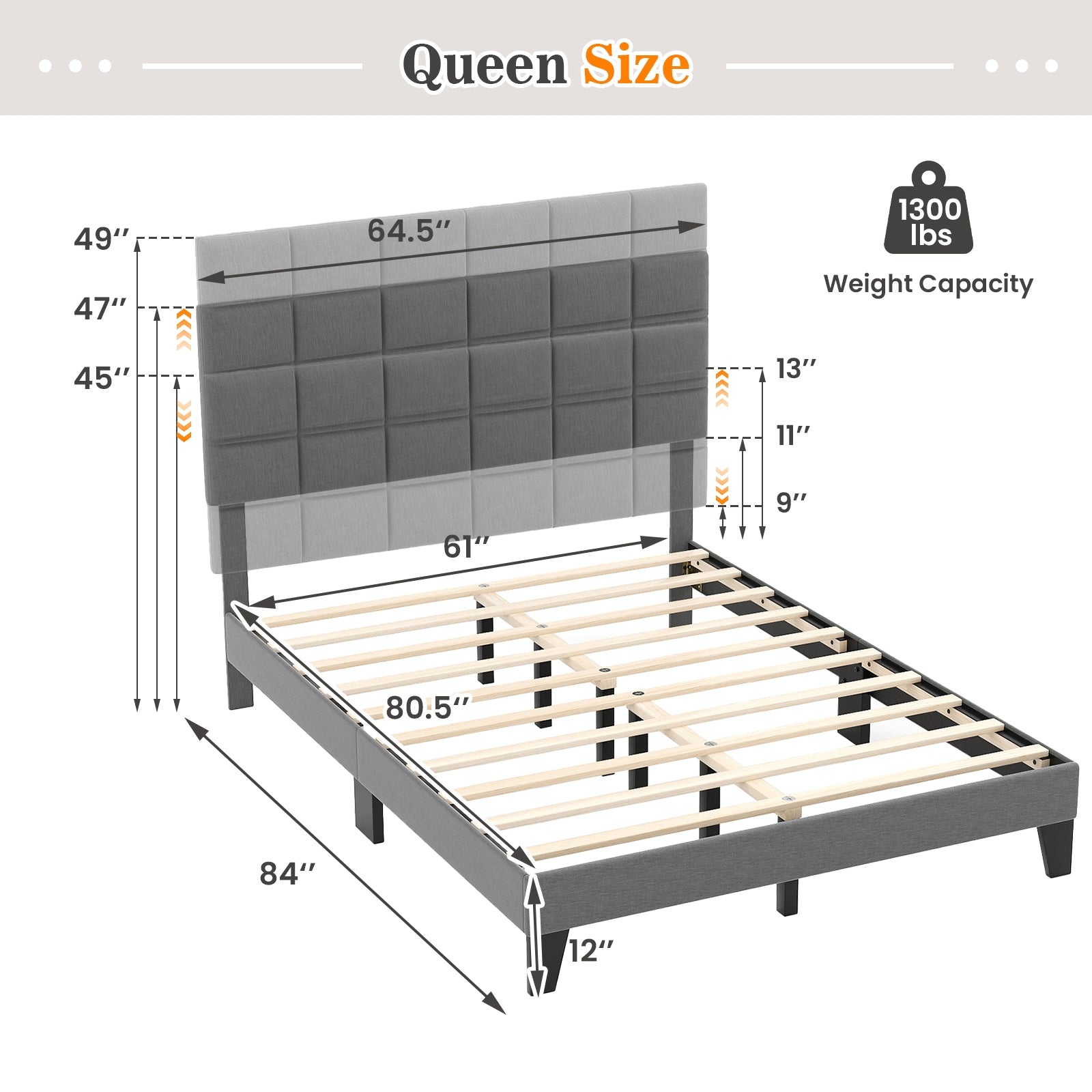 Queen Size Modern Linen Bed Frame with Adjustable Headboard, Gray Simple Bed Frame at Gallery Canada