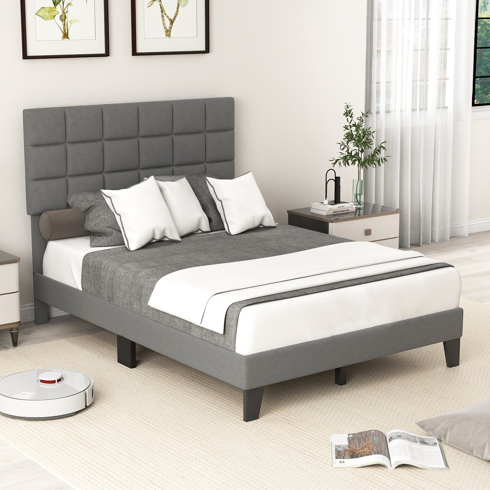 Full Size Modern Linen Bed Frame with Adjustable Headboard, Gray Simple Bed Frame at Gallery Canada