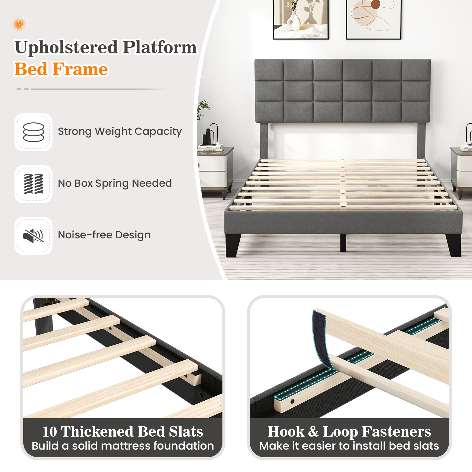 Queen Size Modern Linen Bed Frame with Adjustable Headboard, Gray Simple Bed Frame at Gallery Canada