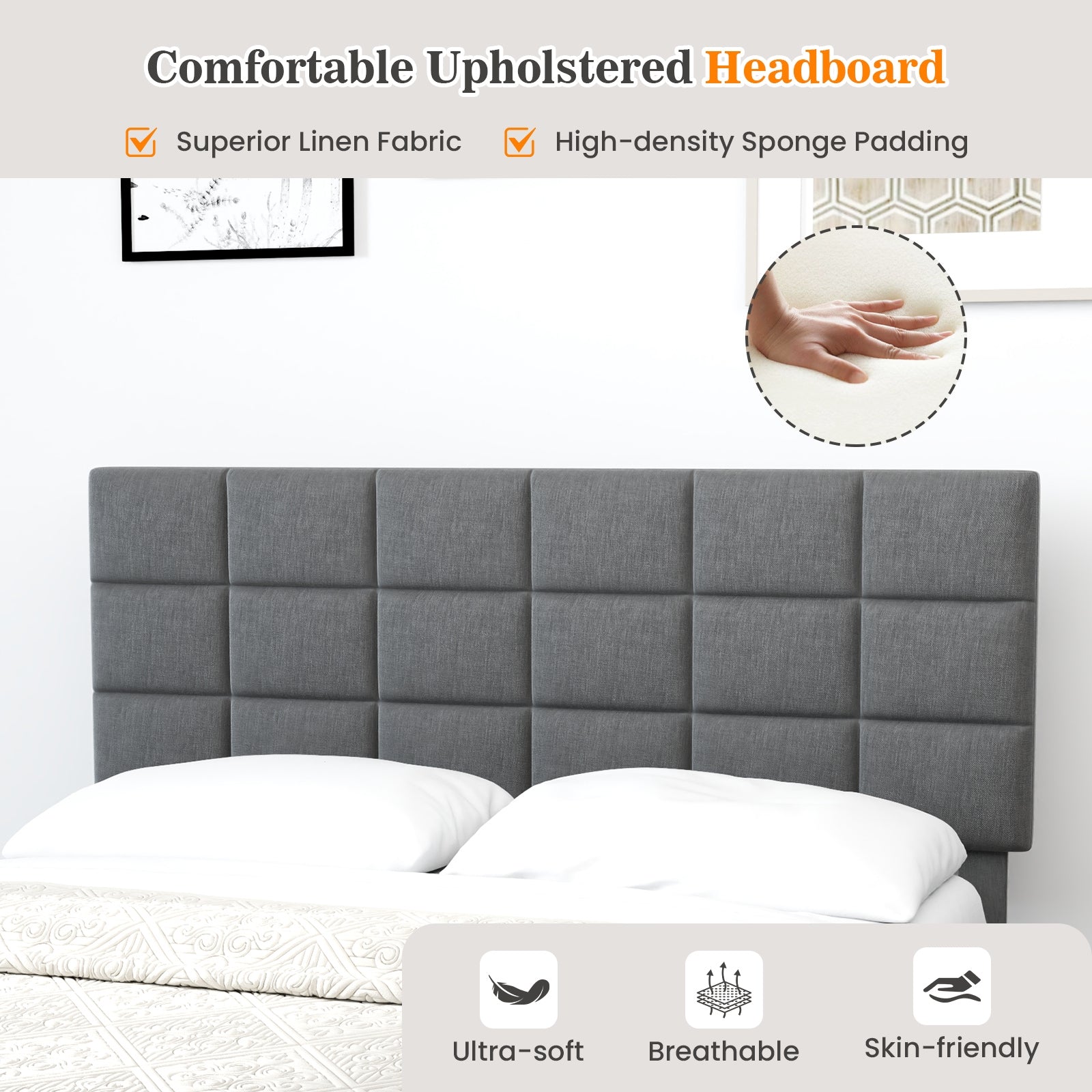 Queen Size Modern Linen Bed Frame with Adjustable Headboard, Gray Simple Bed Frame at Gallery Canada