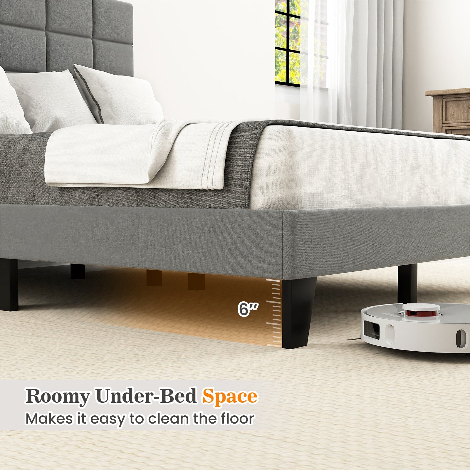 Queen Size Modern Linen Bed Frame with Adjustable Headboard, Gray Simple Bed Frame at Gallery Canada