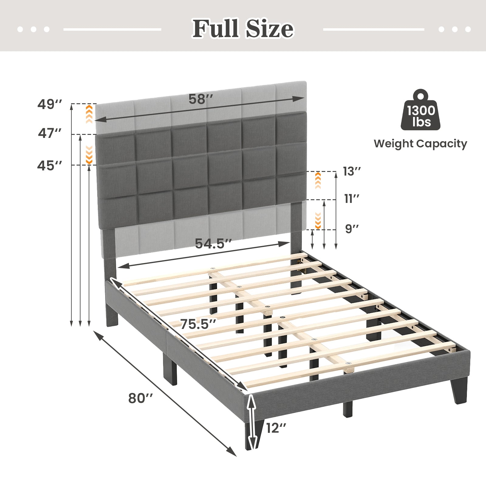Full Size Modern Linen Bed Frame with Adjustable Headboard, Gray Simple Bed Frame at Gallery Canada