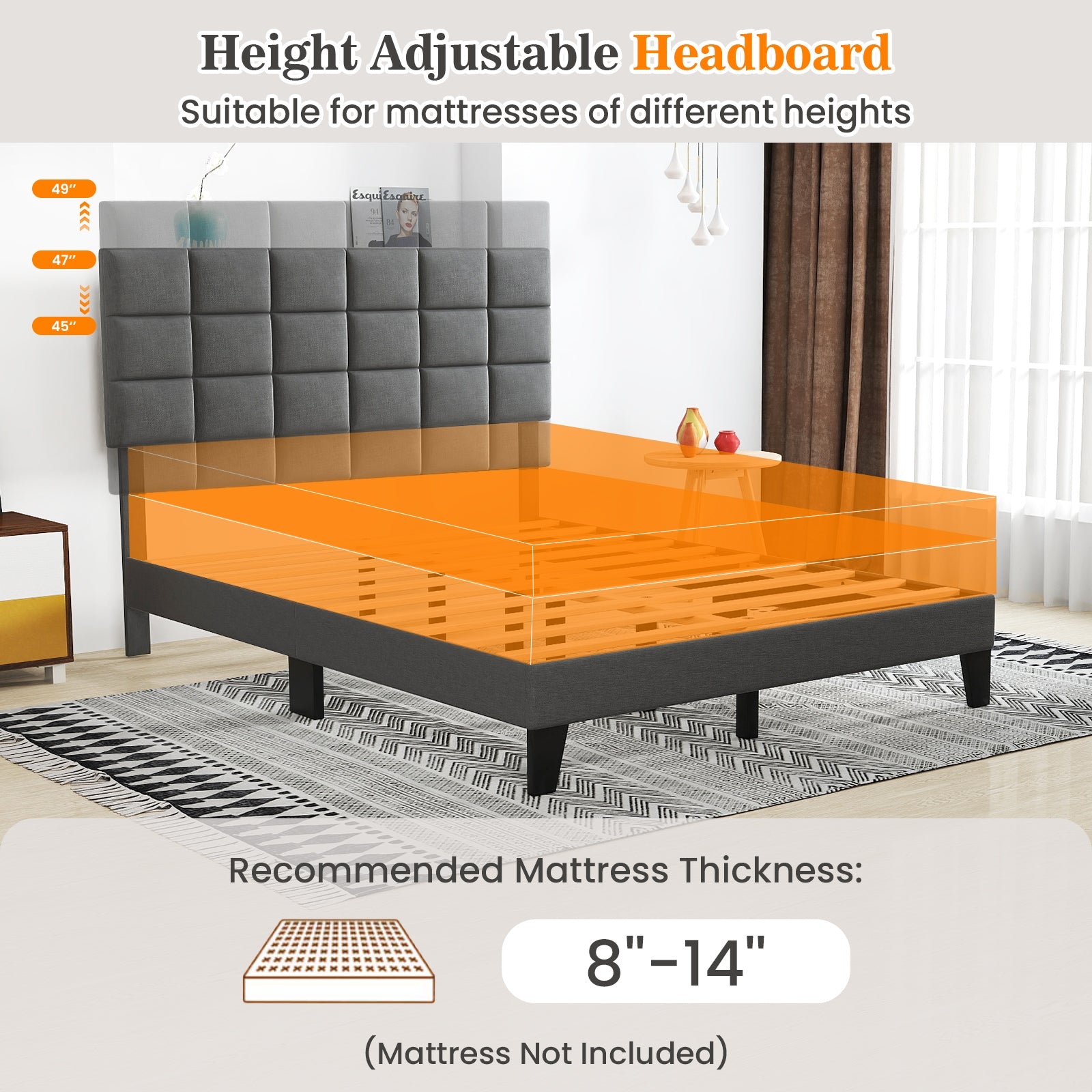 Queen Size Modern Linen Bed Frame with Adjustable Headboard, Gray Simple Bed Frame at Gallery Canada