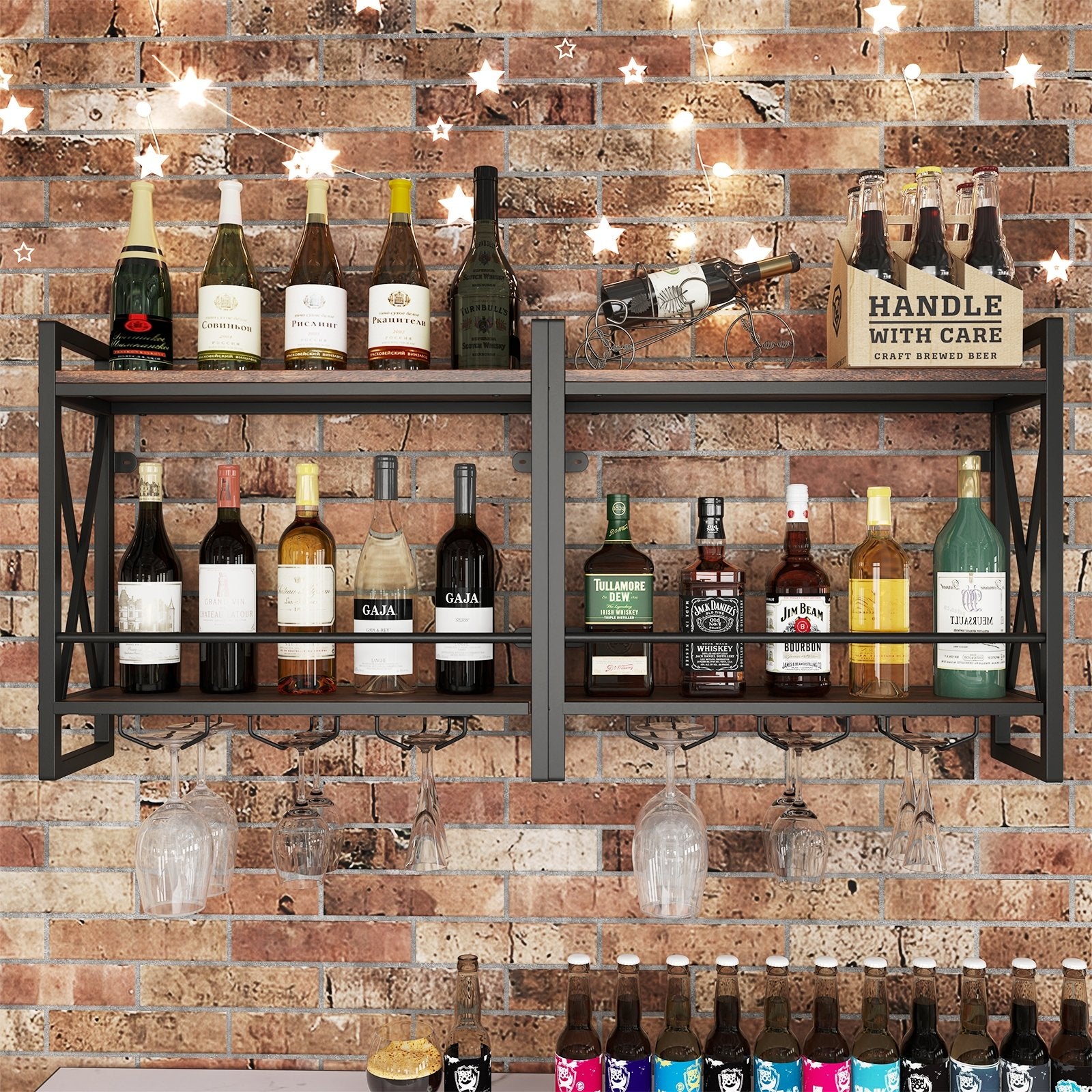 Wall Mounted Wine Rack with 2-Tier Shelves and 3 Glass Holders, Rustic Brown Wine Racks at Gallery Canada