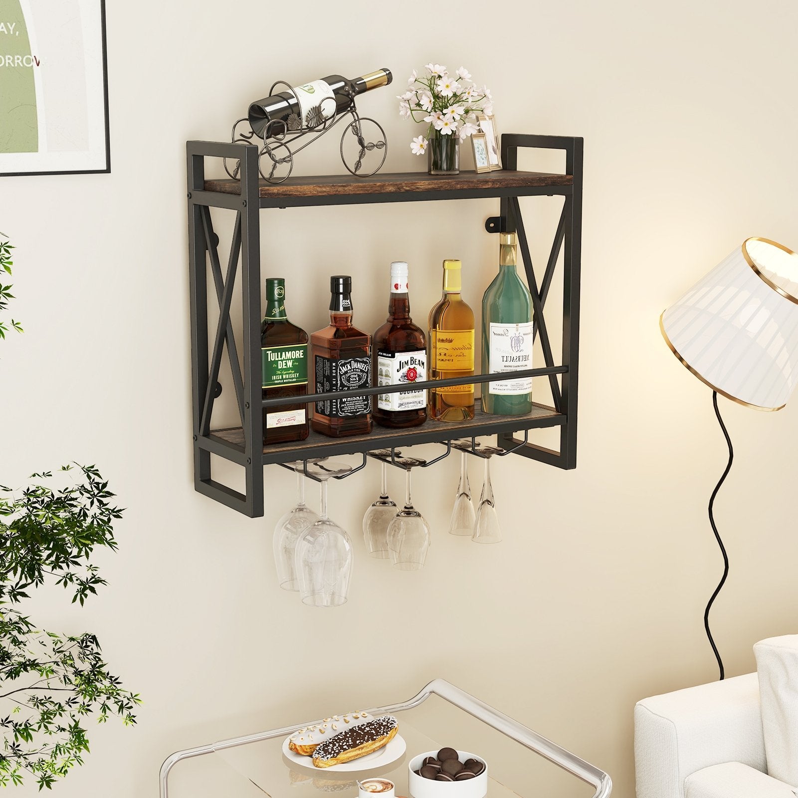 Wall Mounted Wine Rack with 2-Tier Shelves and 3 Glass Holders, Rustic Brown Wine Racks at Gallery Canada