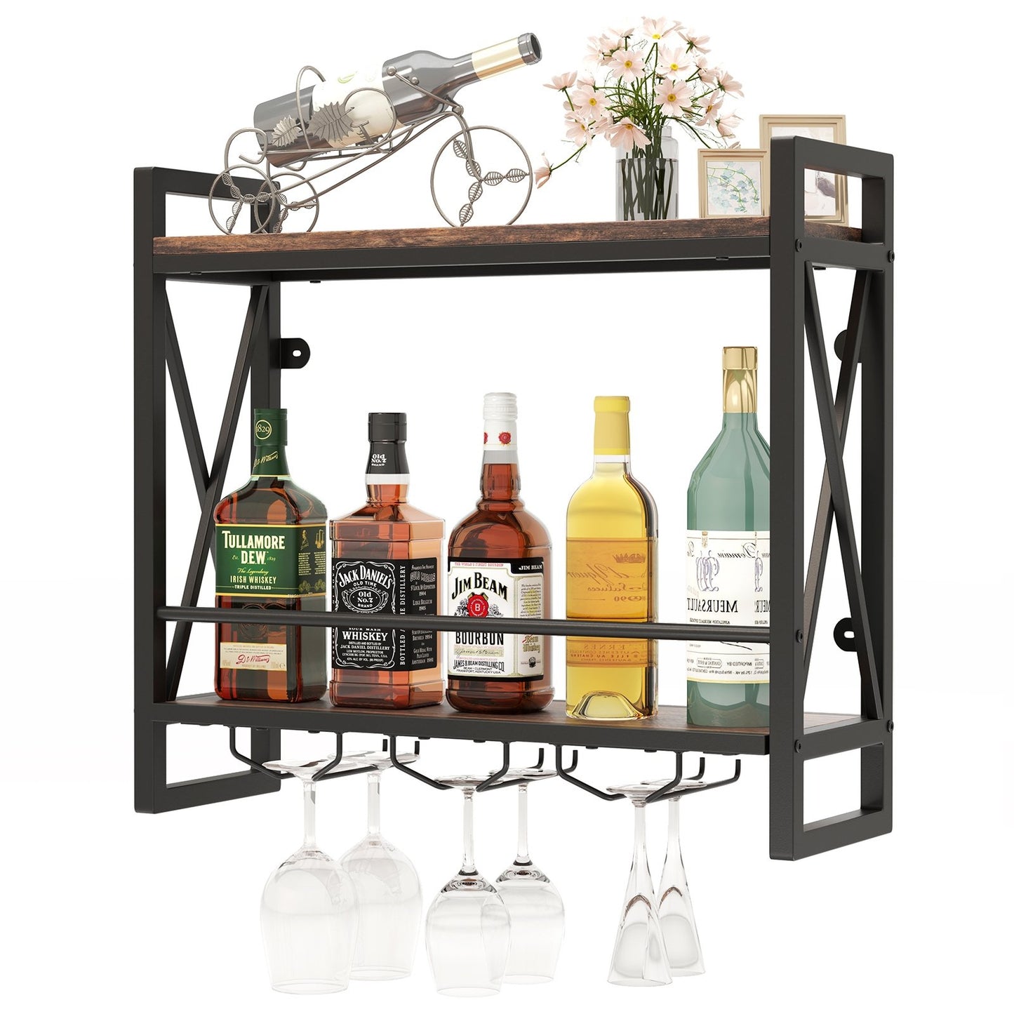 Wall Mounted Wine Rack with 2-Tier Shelves and 3 Glass Holders, Rustic Brown Wine Racks at Gallery Canada