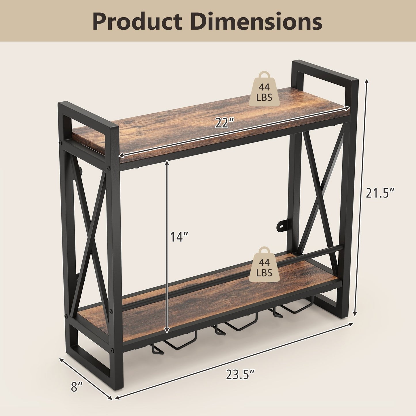 Wall Mounted Wine Rack with 2-Tier Shelves and 3 Glass Holders, Rustic Brown Wine Racks at Gallery Canada