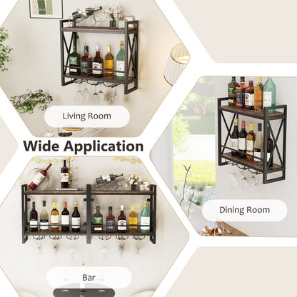 Wall Mounted Wine Rack with 2-Tier Shelves and 3 Glass Holders, Rustic Brown Wine Racks at Gallery Canada