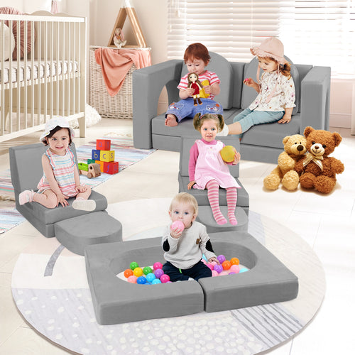 8-Piece Modular Kids Play Couch with Comfy Suede Fabric, Gray