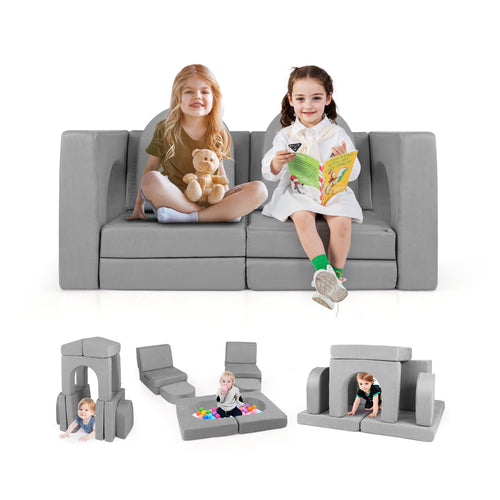 8-Piece Modular Kids Play Couch with Comfy Suede Fabric, Gray